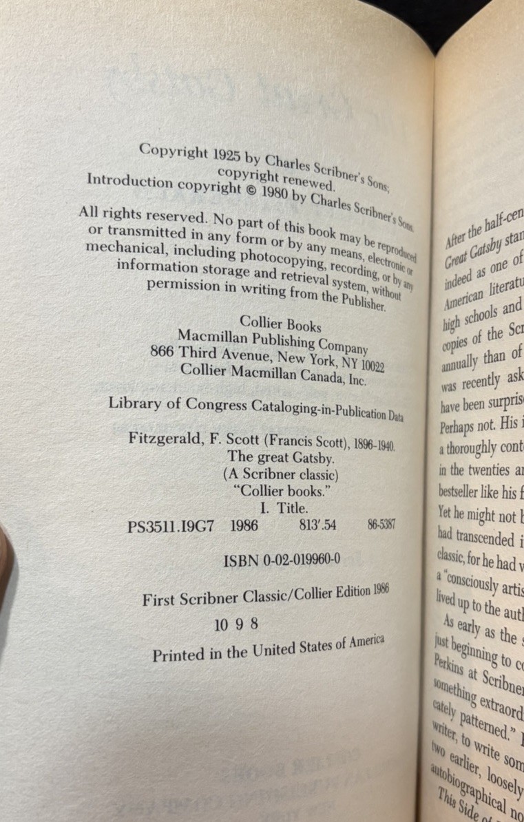 Vintage 1988 Collier Books PB “THE GREAT GATSBY” by F. Scott Fitzgerald