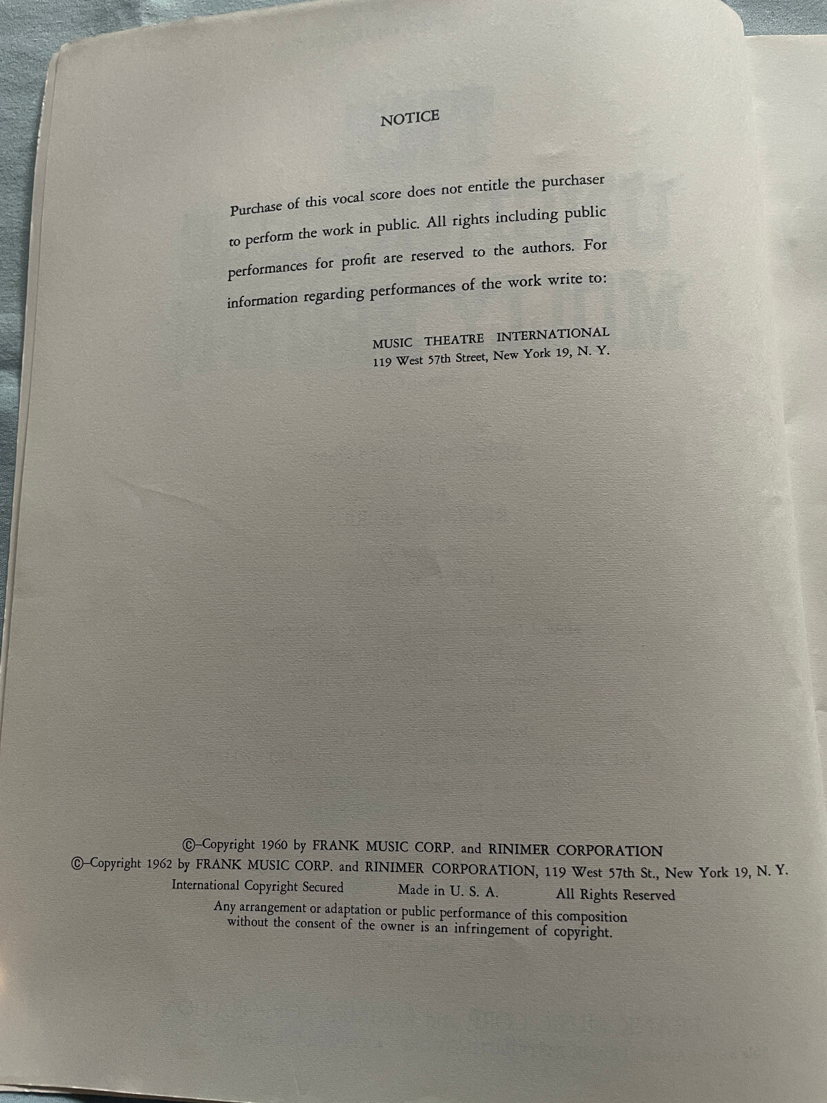 The Unsinkable Molly Brown 1960/1962 Meredith Willson Richard Morris Vocal Score