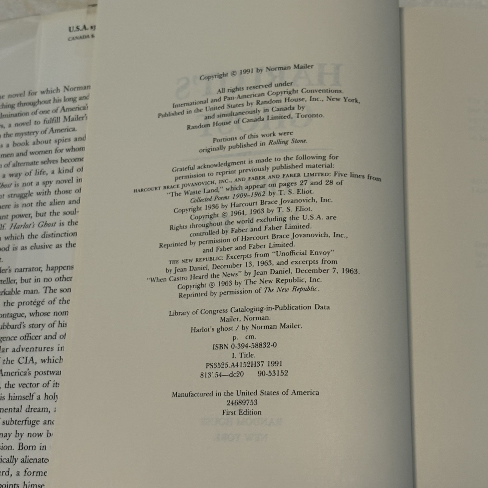 Norman Mailer Harlot’s Ghost – 1st Edition, Hardcover with Dust Jacket in Mylar