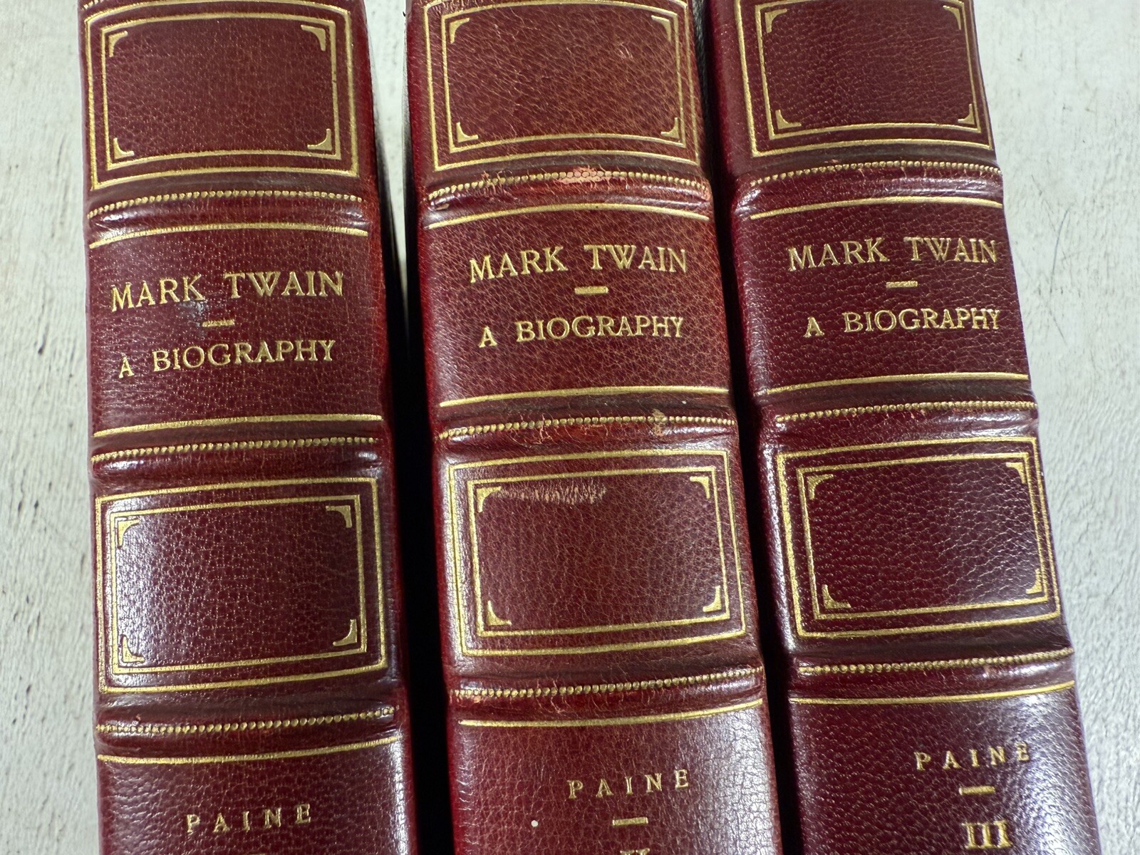 Mark Twain: A Biography by Paine 3 Antique Fine Binding Red Leather Books