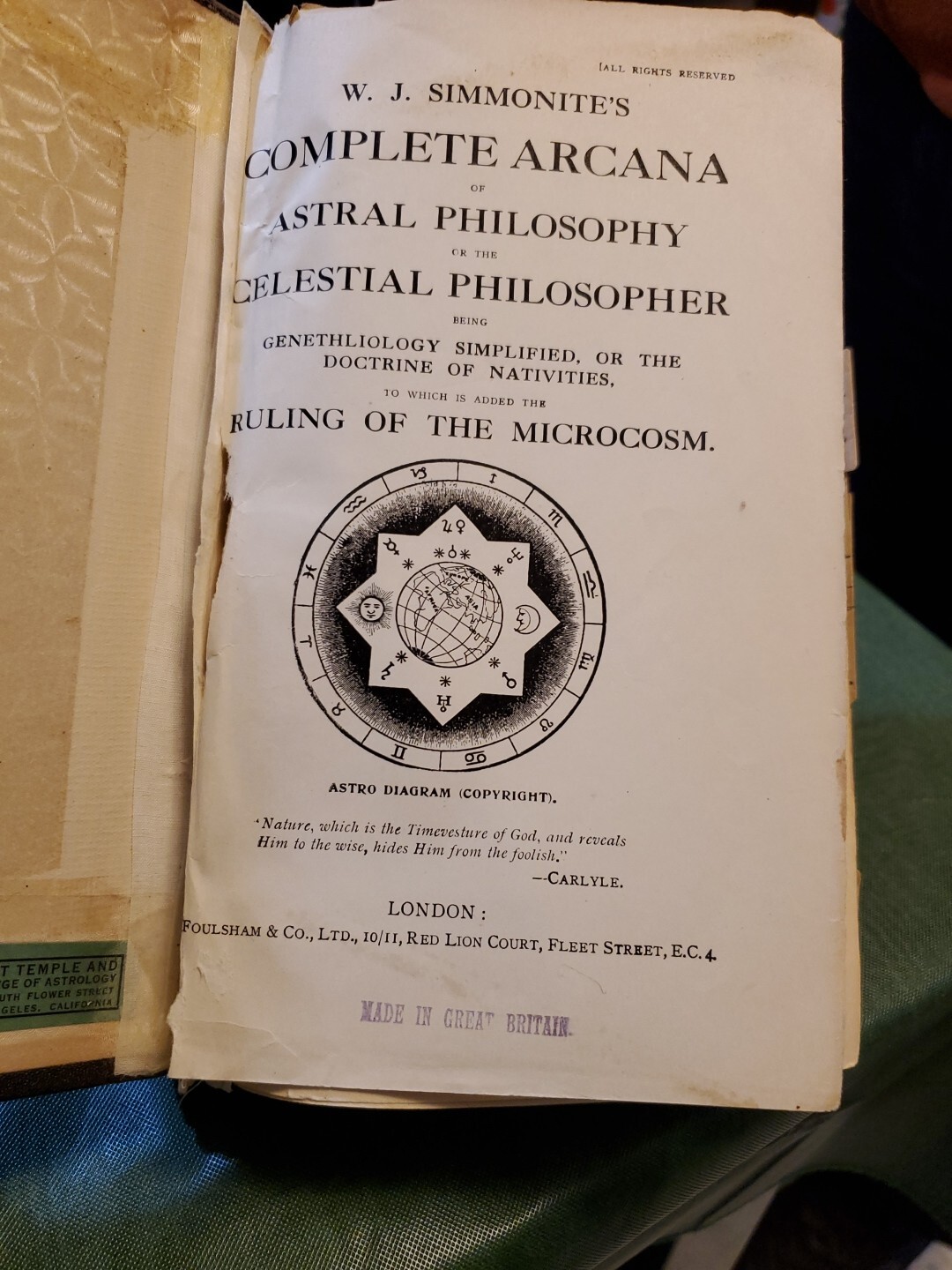 Arcana of Astrology by W. J. Simmonite circa 1890 FOULSHAM PUB. HC