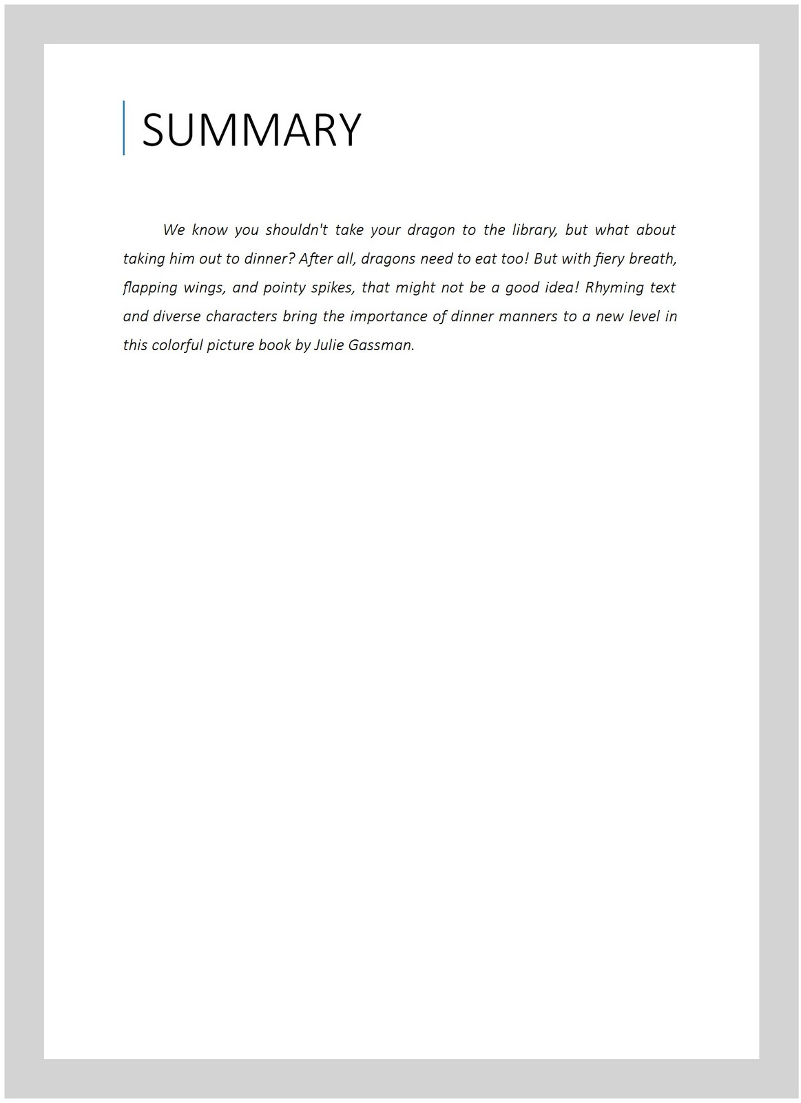 Do Not Take Your Dragon to Dinner, Library by Gassman, Julie; Elkerton, Andy …