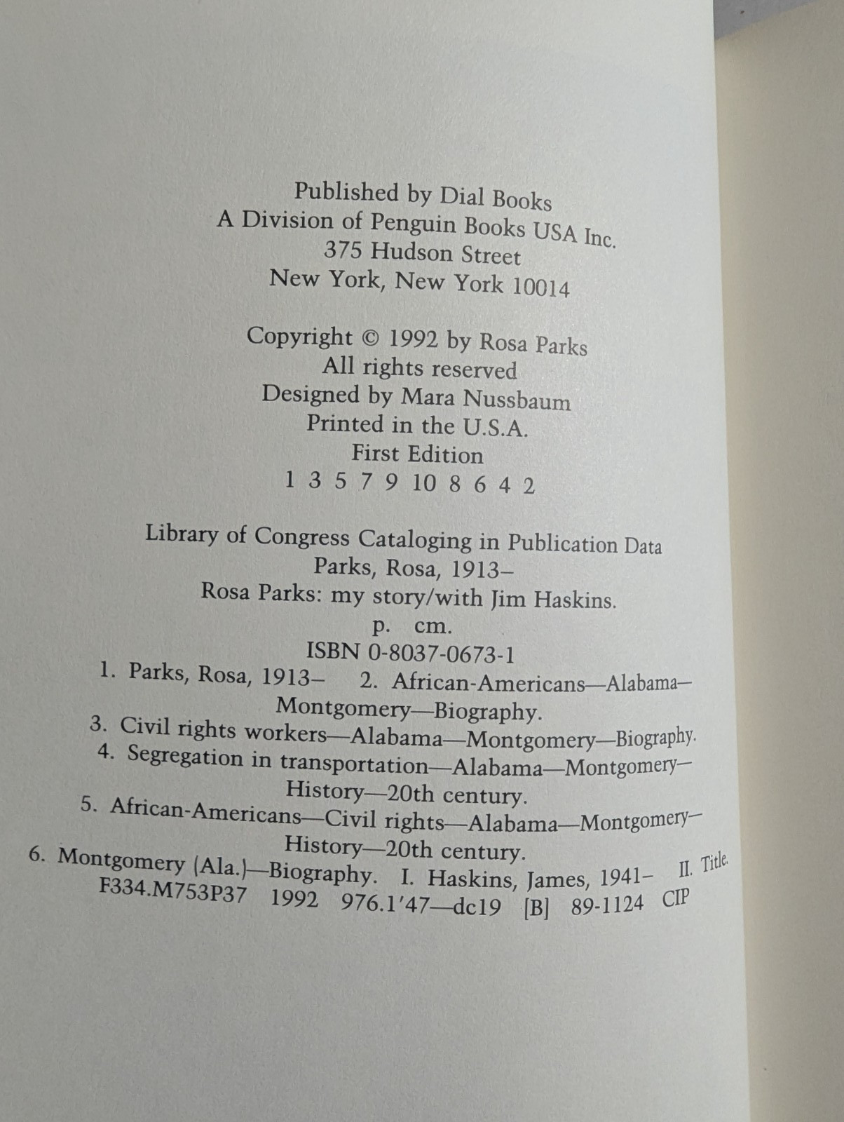 ROSA PARKS & Jim Haskins – MY STORY – HC/DJ, First Edition, First Printing, 1992