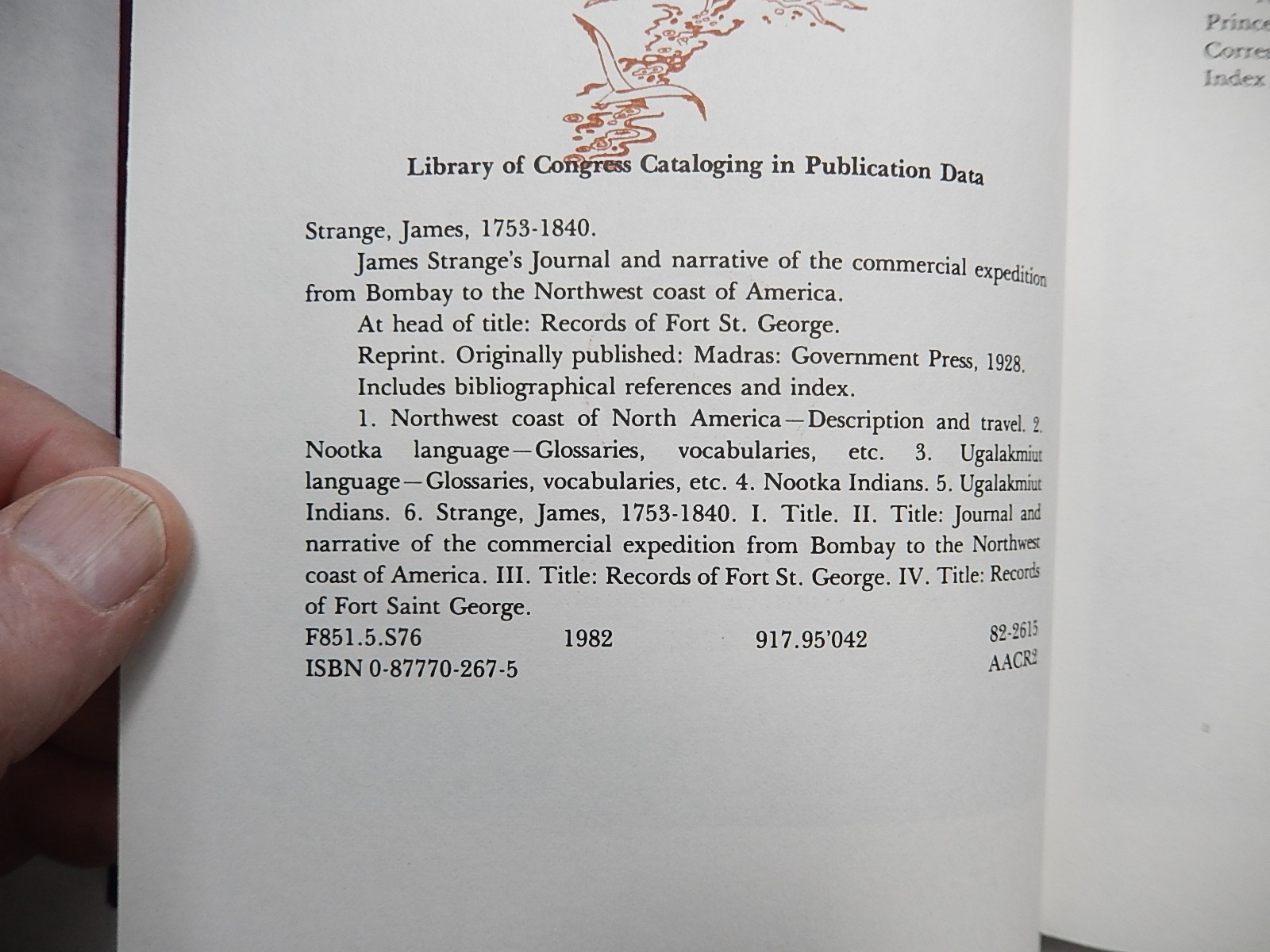 James Strange’s Journal: Bombay to NW Coast of America 1785-1787, 1982, Hardcove