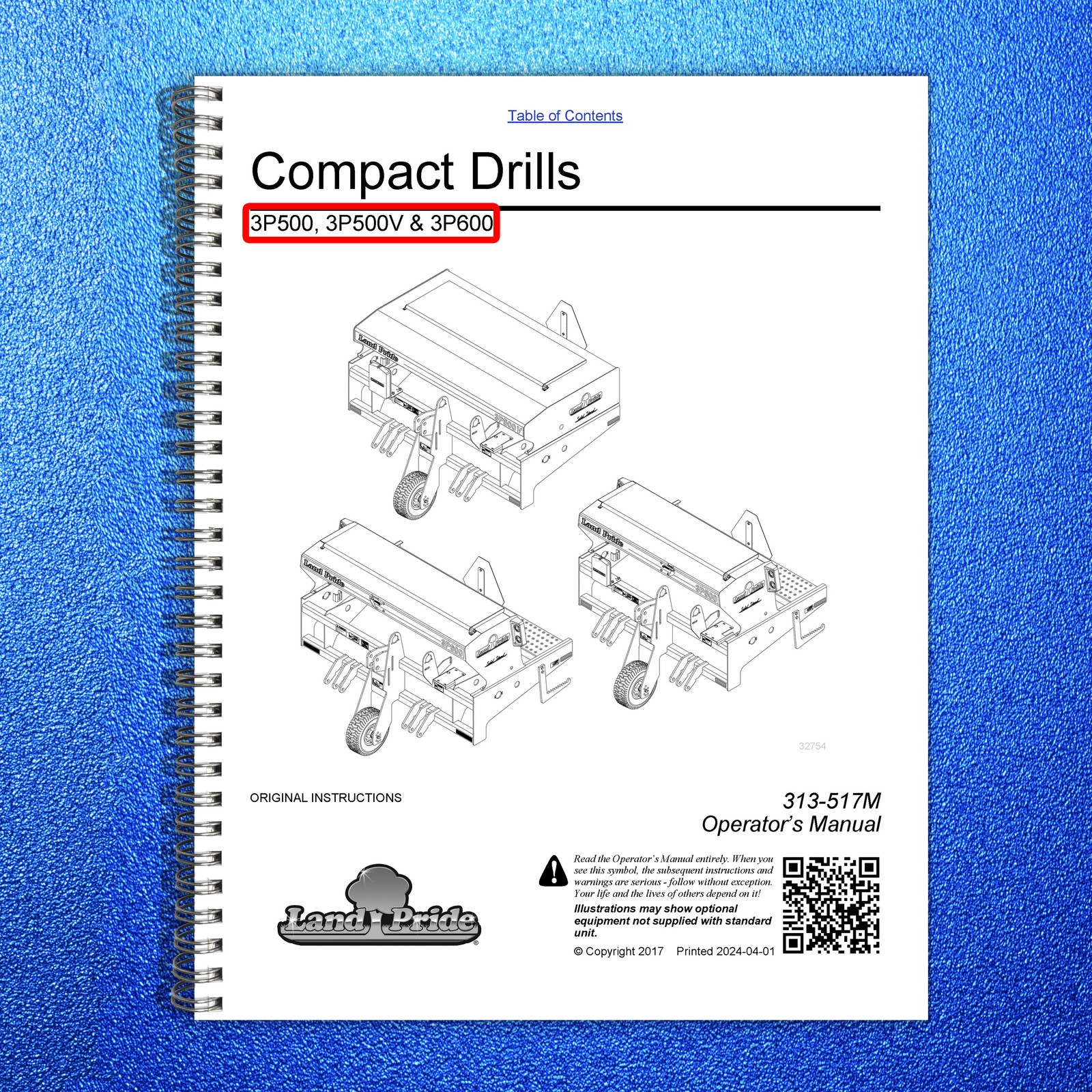 LAND PRIDE 3P600 Compact Drills Operators Manual 2017 – WIRE BOUND – COVERS