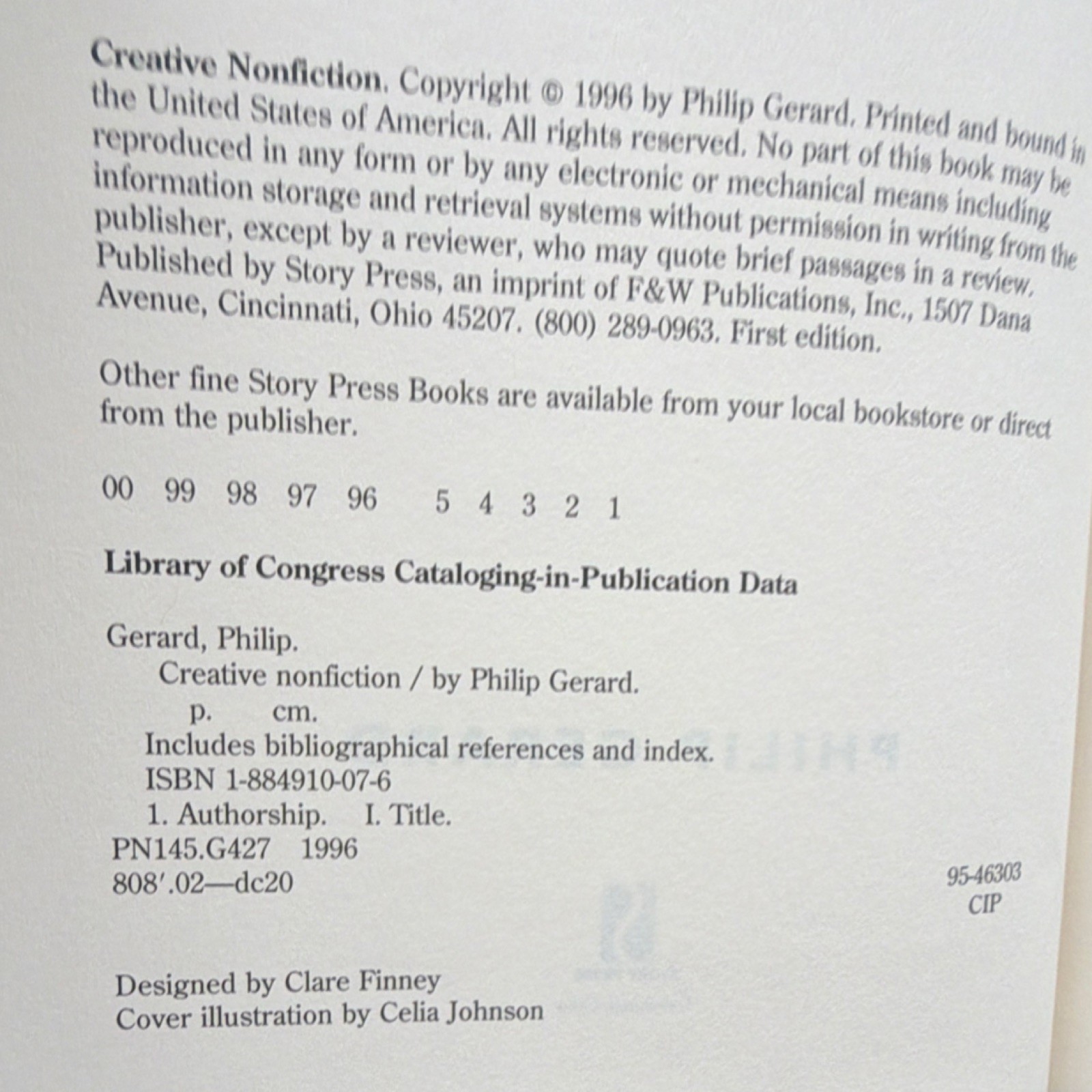Philip Gerard Creative Nonfiction HC DJ, 1st Ed 1996 Story Press Writing.