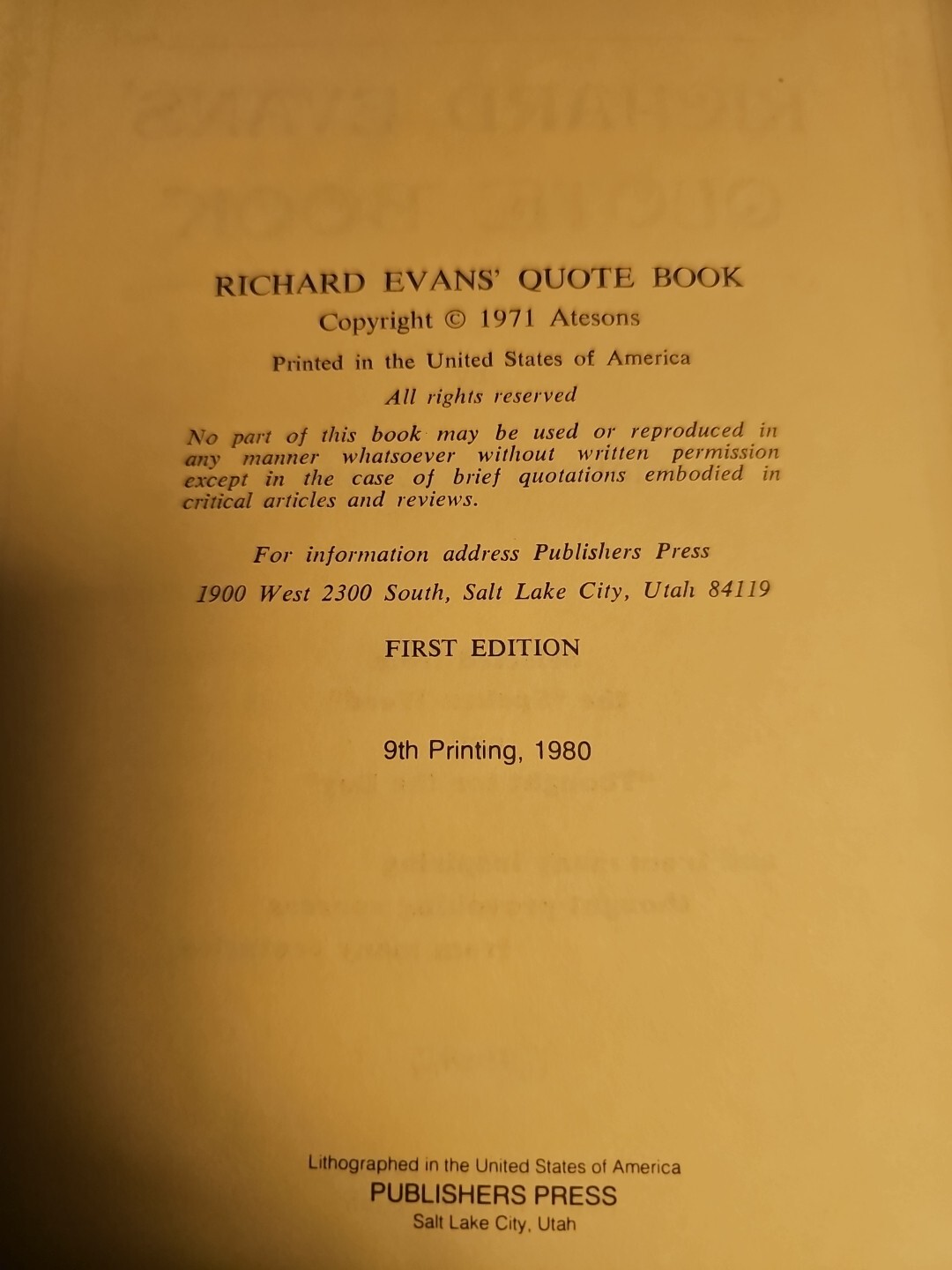 Richard L. Evans Quote Book Leatherette 1st ed. 9th printing 1980