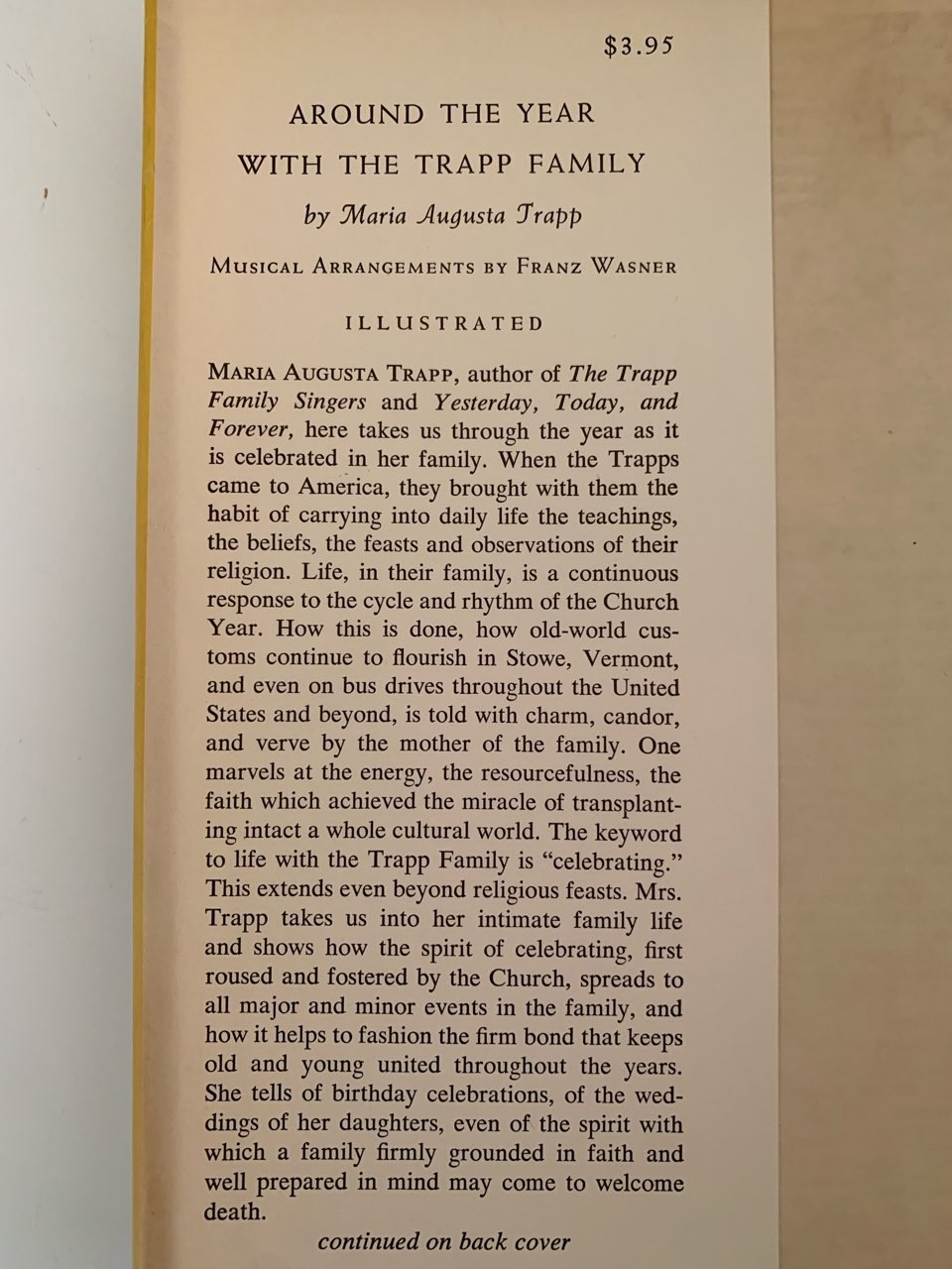 AROUND THE YEAR WITH THE TRAPP FAMILY MARIA VON TRAPP 1ST EDTION 1955 CHRISTIAN