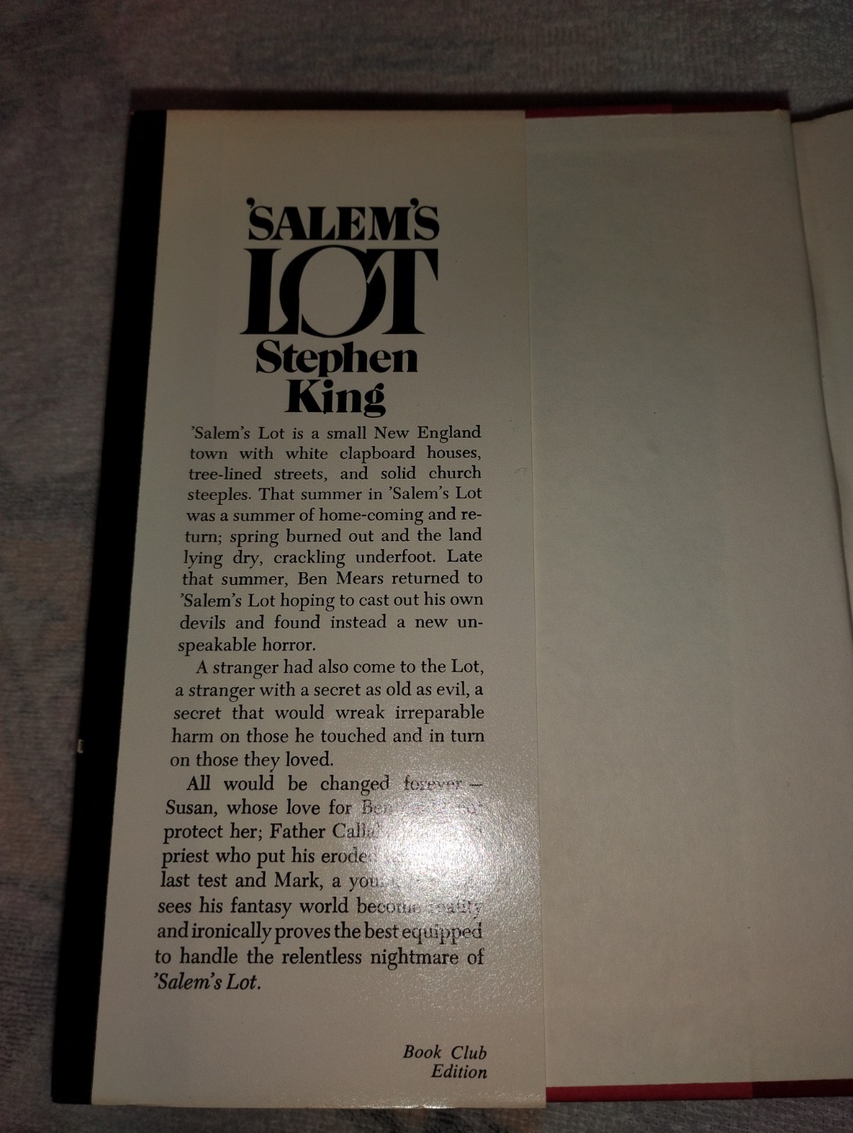 SALEM’S LOT HC DJ Stephen King First Book Club Edition BCE 1975