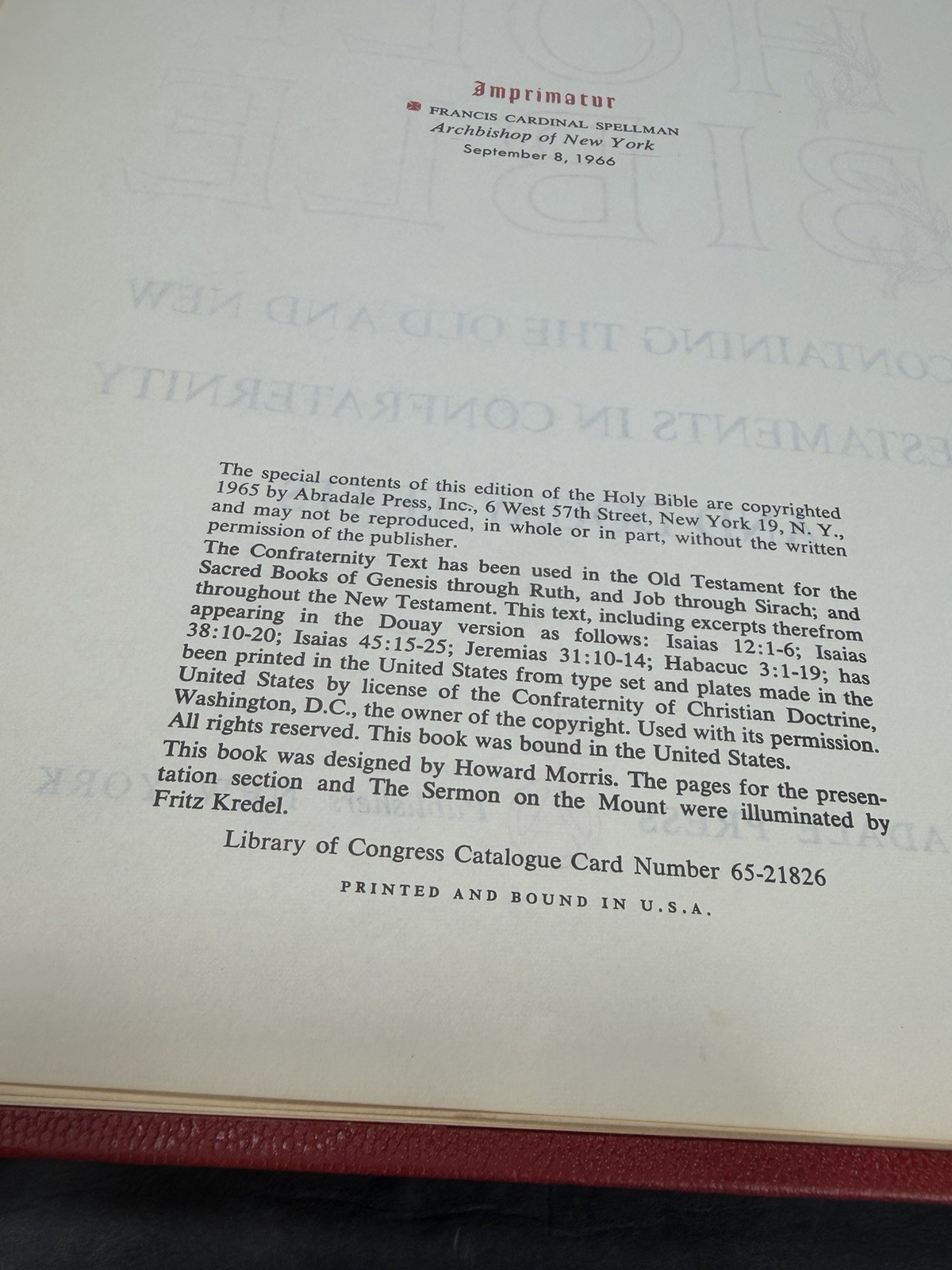 Holy Bible, Michelangelo Edition Confraternity & Douay Texts 9-8-1966 In Plastic