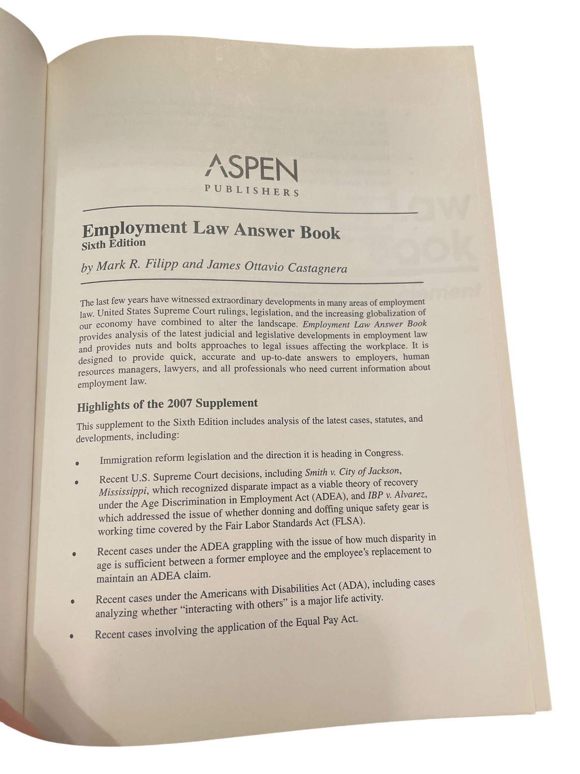 Employment Law Answer Book 2007 Supplement Filipp Castagnera Wolters Kluwer