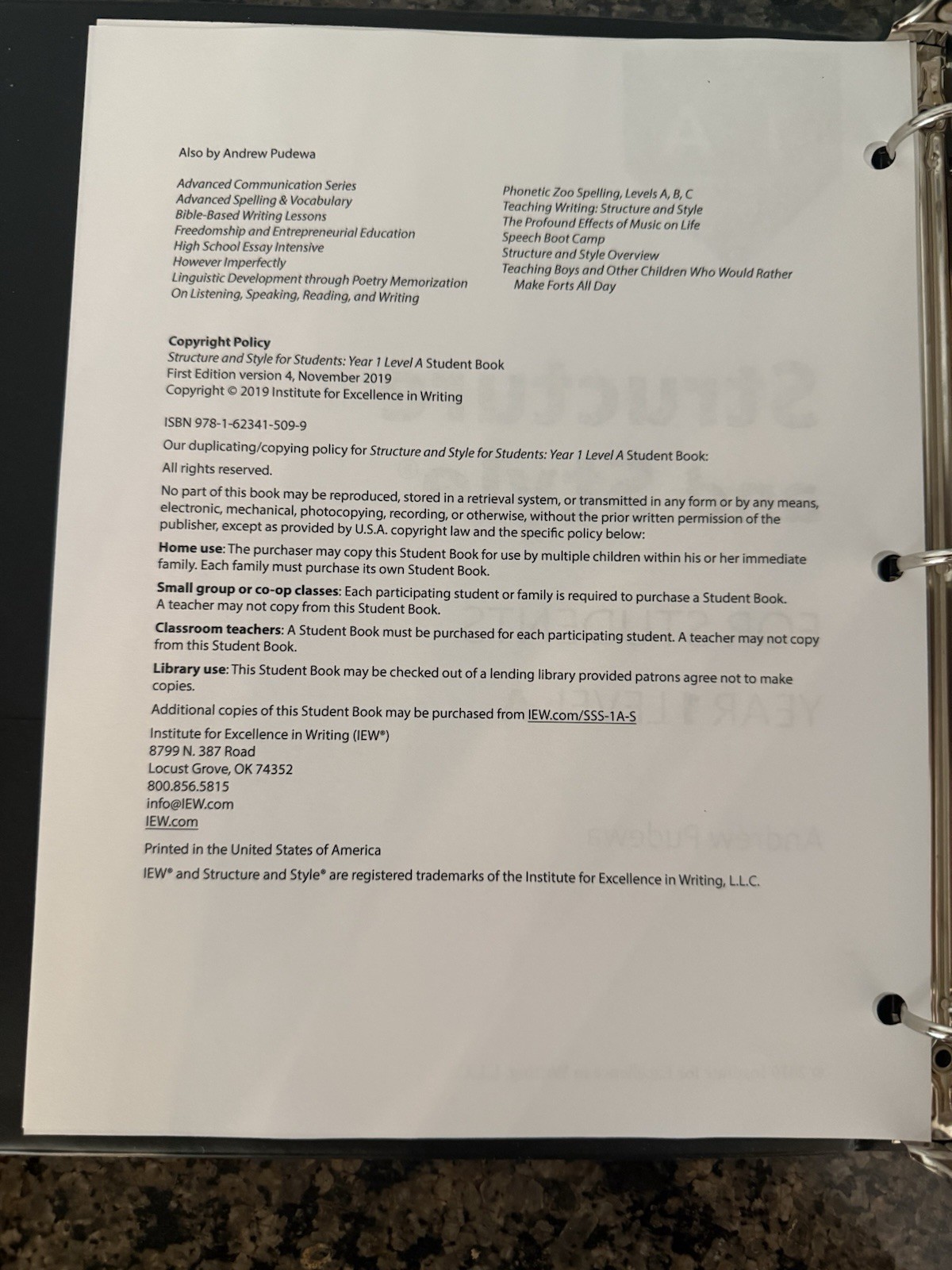 IEW Structure and Style for Students: Level 1 A Grade Level [Binder] *BRAND NEW*