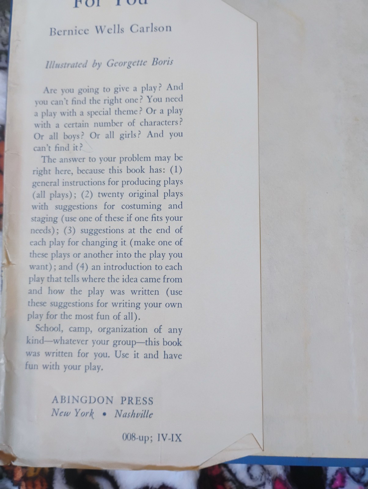 Right Play for You by Bernice W. Carlson (1960) HCDJ