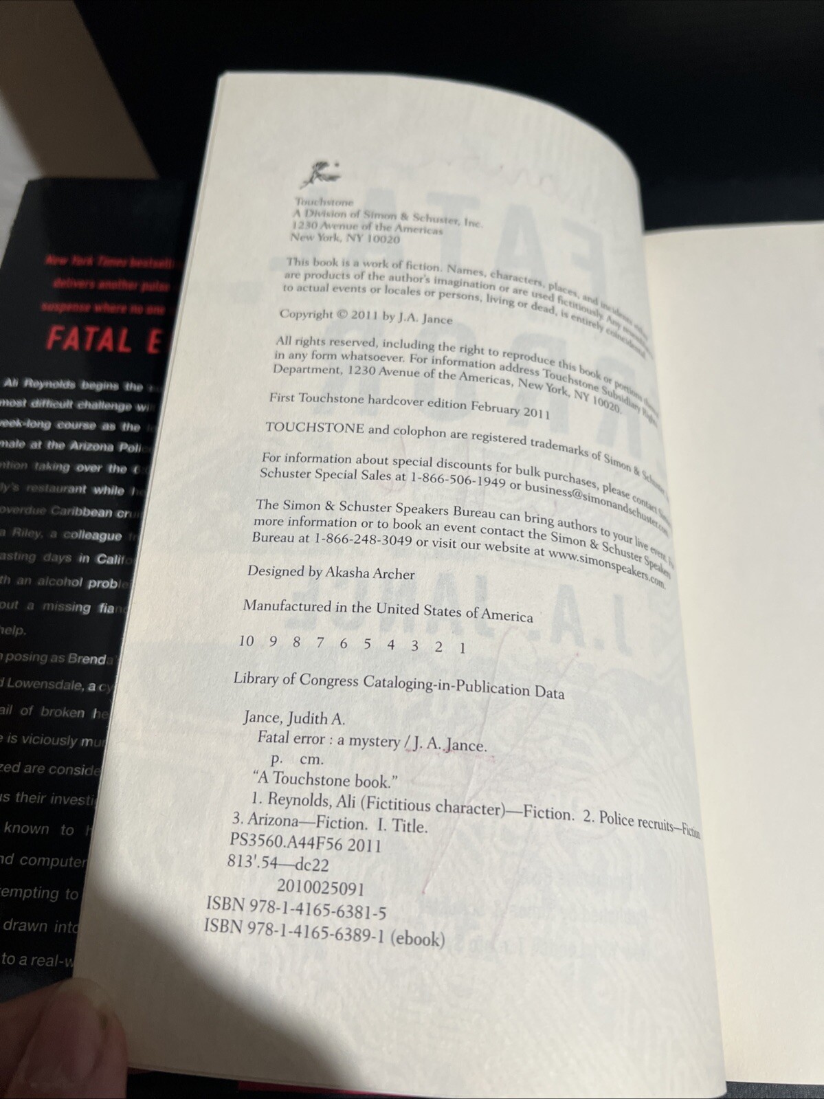 SIGNED 1st Edition 1st Printing Fatal Error by J. A. Jance 2011 HC DJ Thriller