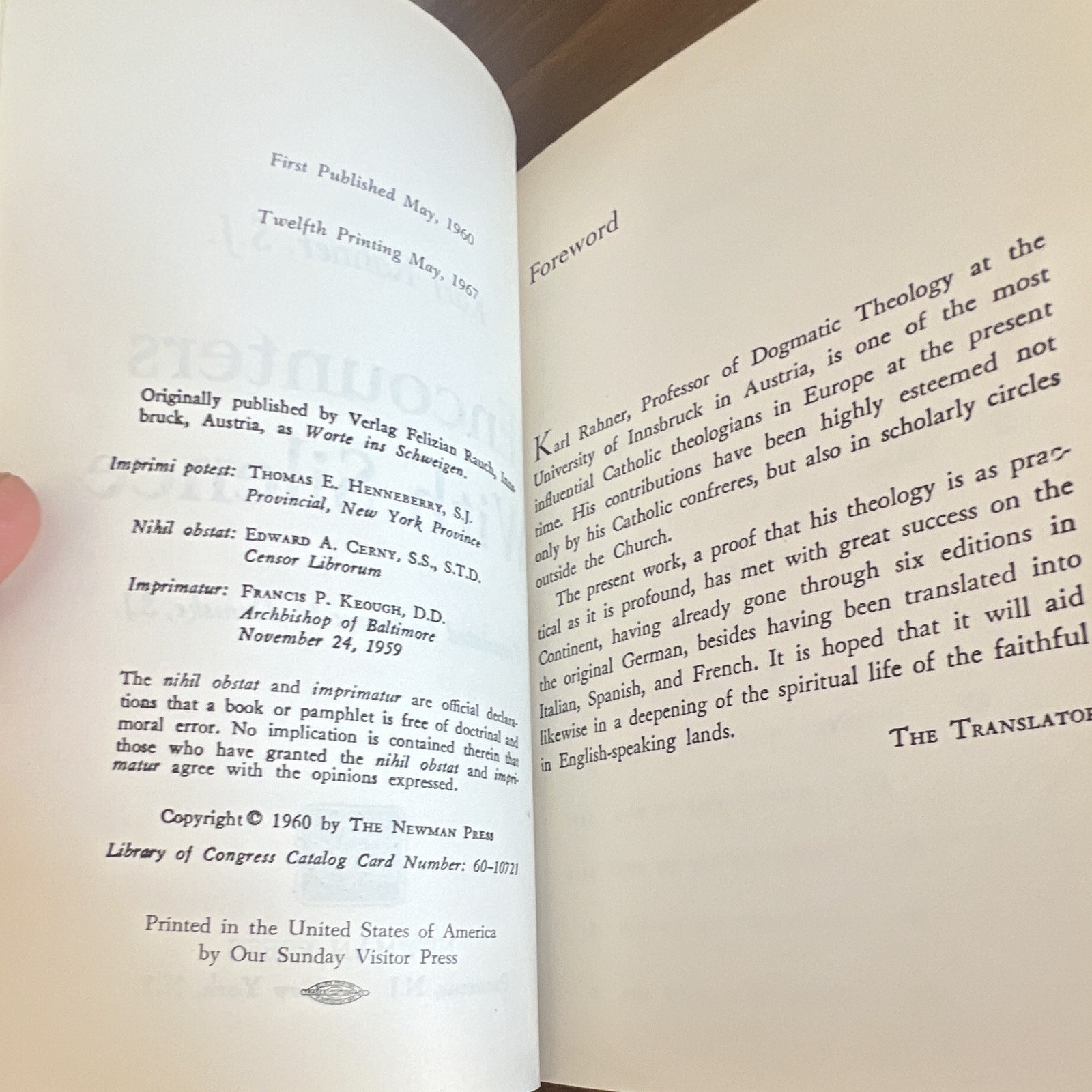 Karl Rahner Encounters With Silence PB Translated Newman 1960 12th Pr Catholic