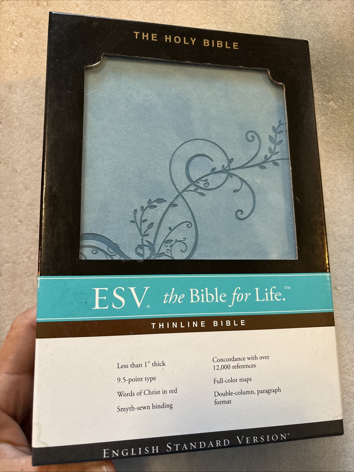 ESV Thinline Bible Truetone Skyblue Ivy Design Like New in Original Box