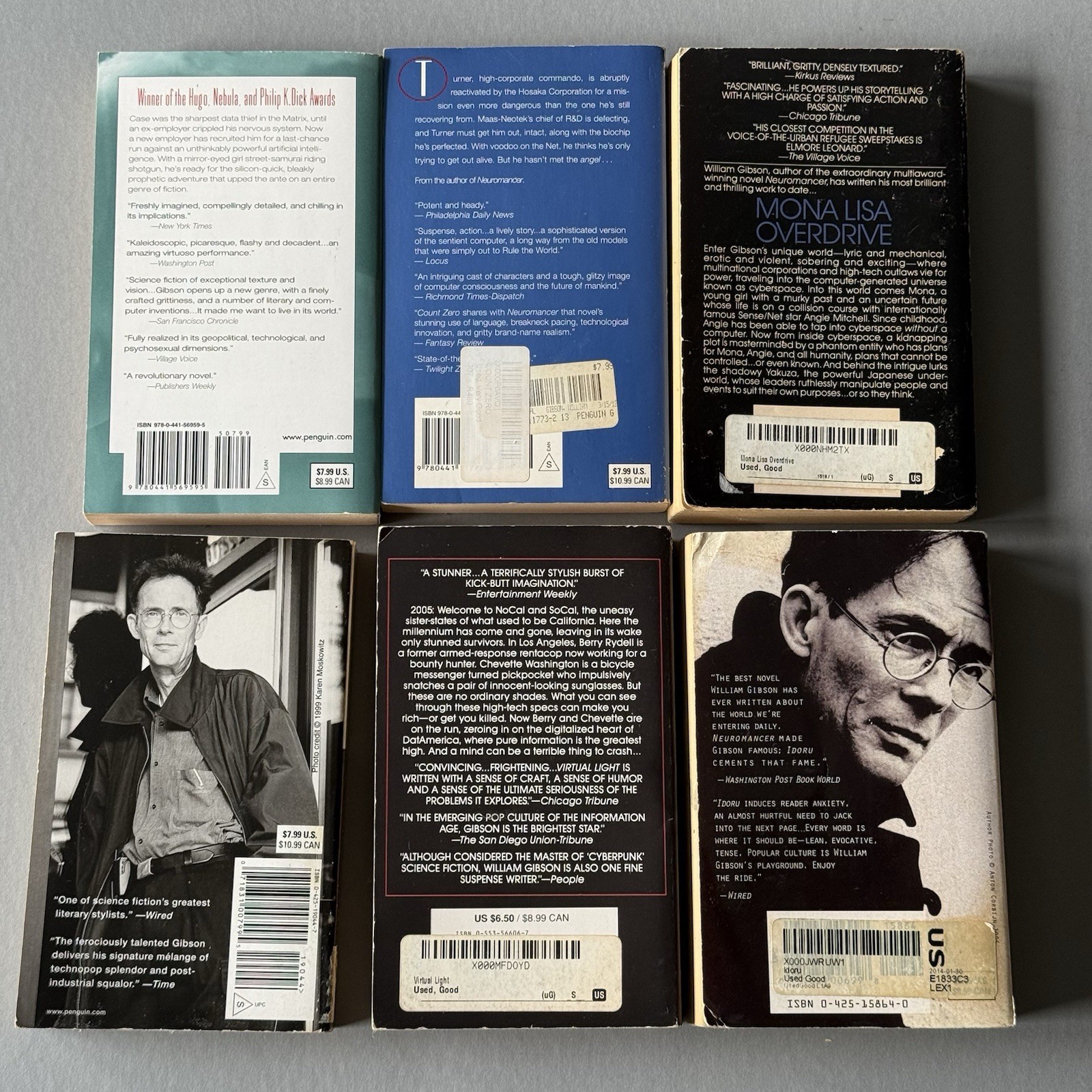 6 William Gibson book lot PB Cyberpunk Neuromancer, Count Zero, Idoru, Mona Lisa