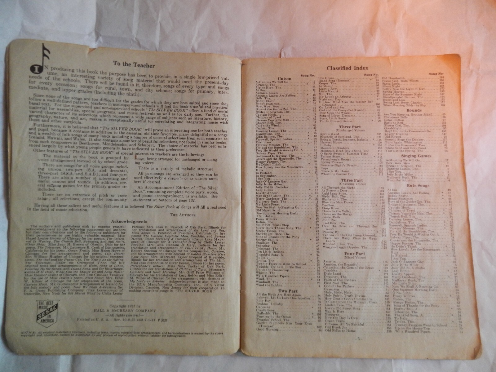 THE SILVER BOOK of SONGS Hall & McCreary Co., Chicago Copyright 1935 132 Pages