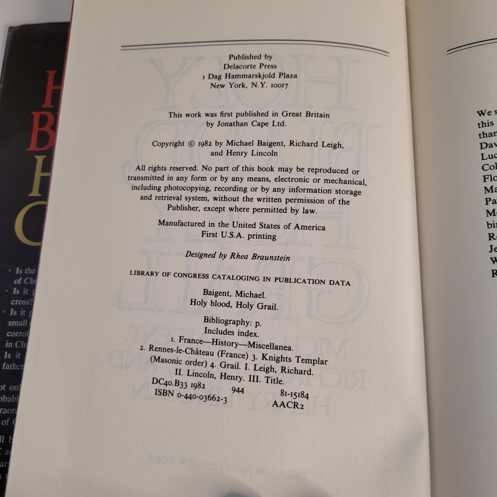 Holy Blood Holy Grail by Richard Leigh Michael Baigent Henry Lincoln 1982 HC
