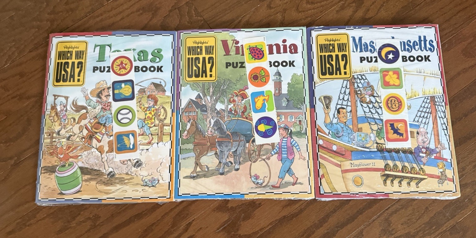 Highlights Which Way USA 6 States Maps & Puzzle Books & Stickers – NEW & SEALED!