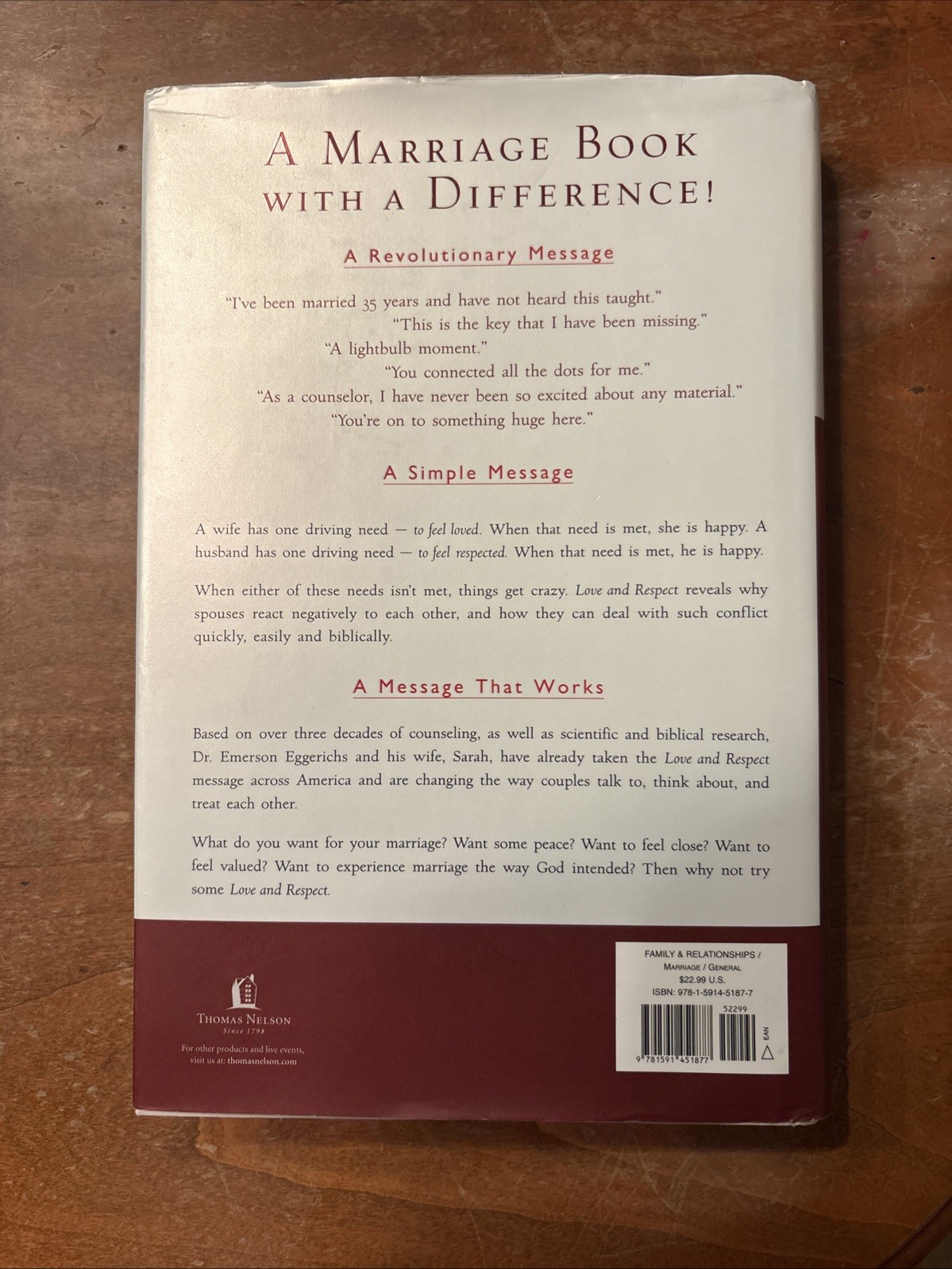 Love & Respect by Dr. Emerson Eggerichs Thomas Nelson Hardcover Marriage Book