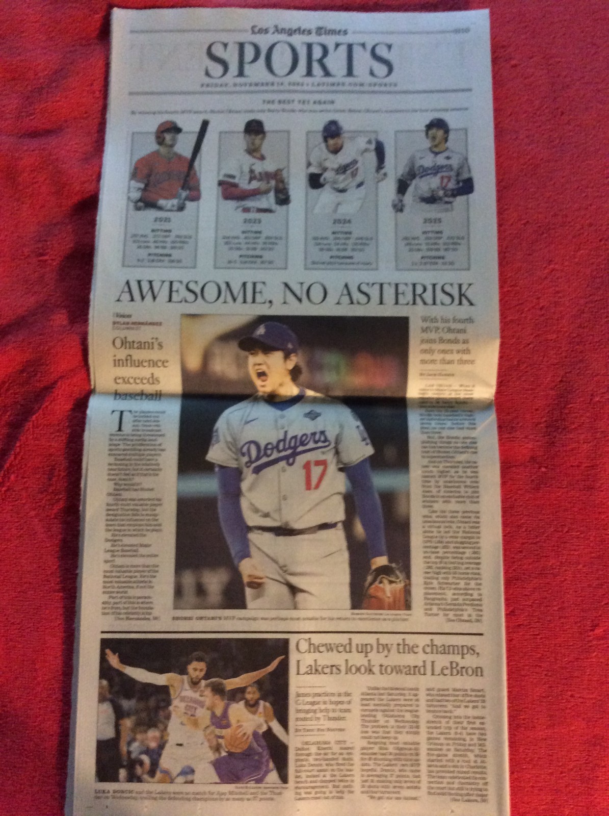 LA TIMES SPORTS SECTION NOVEMBER 14 2025 SHOHEI OHTANI MVP JOINS BARRY BONDS
