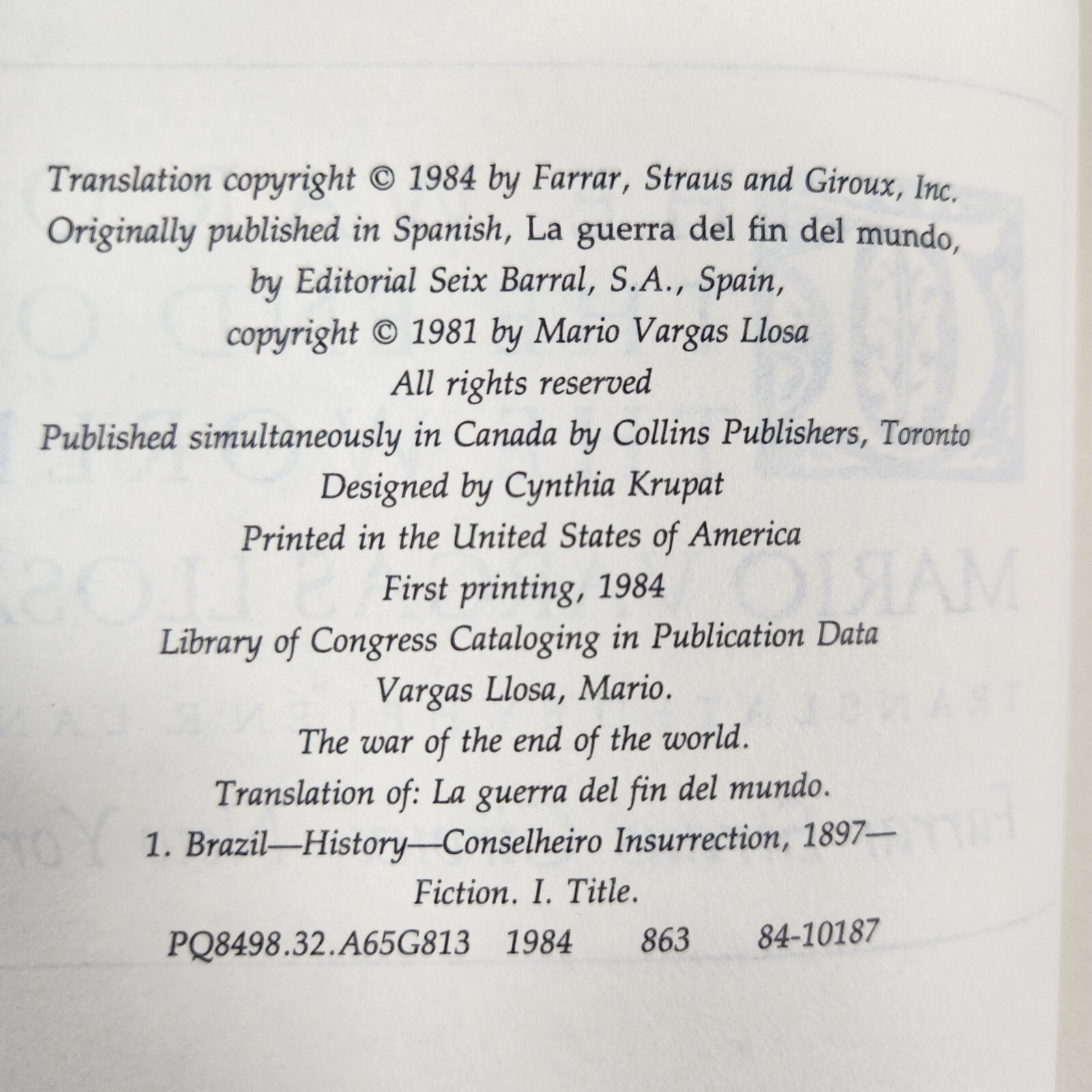 The War Of The End Of The World 1984 First US Printing HC Mario Vargas Llosa