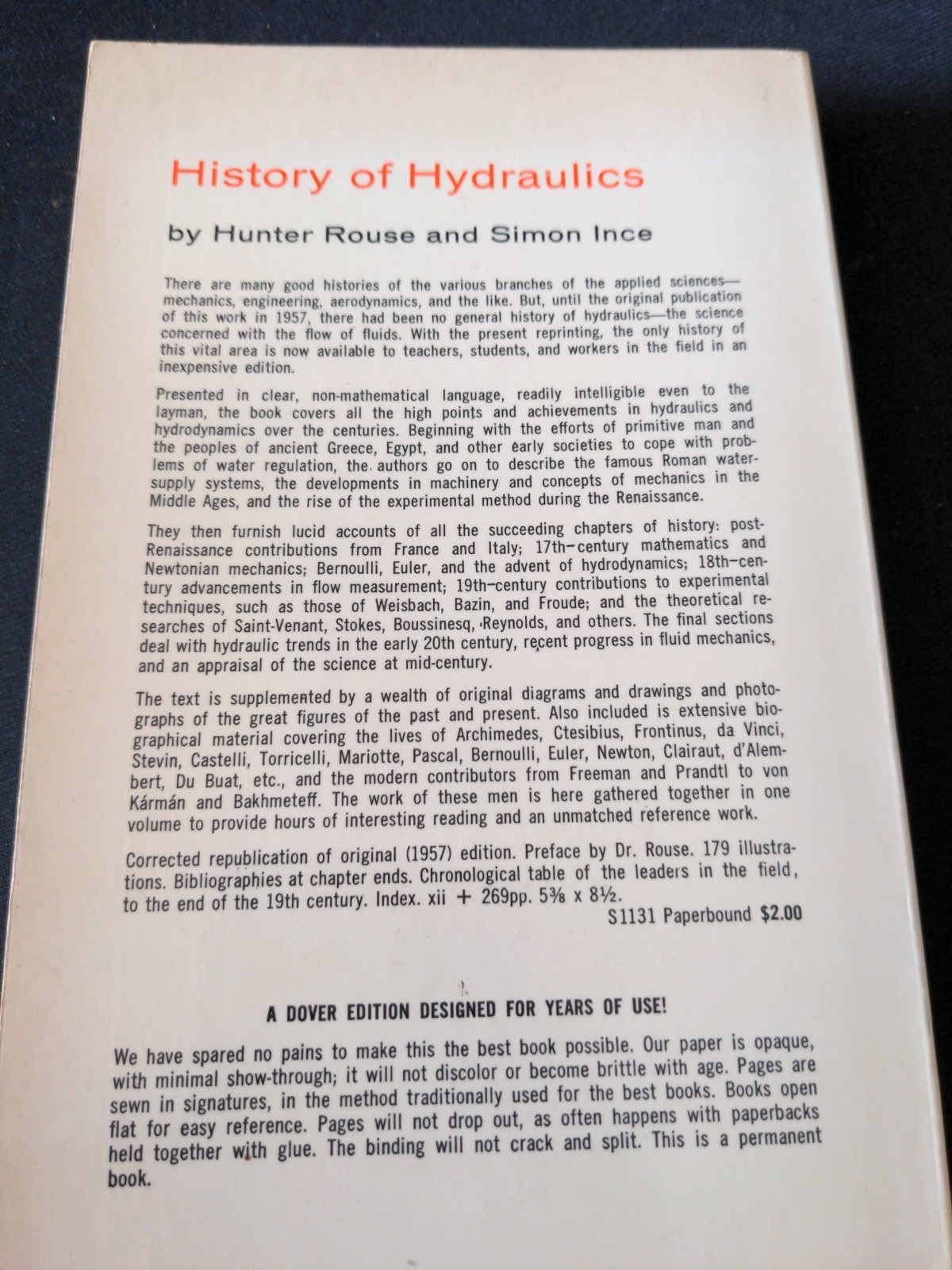 History of Hydraulics by Hunter Rouse and Simon Ince Dover Edition 1963