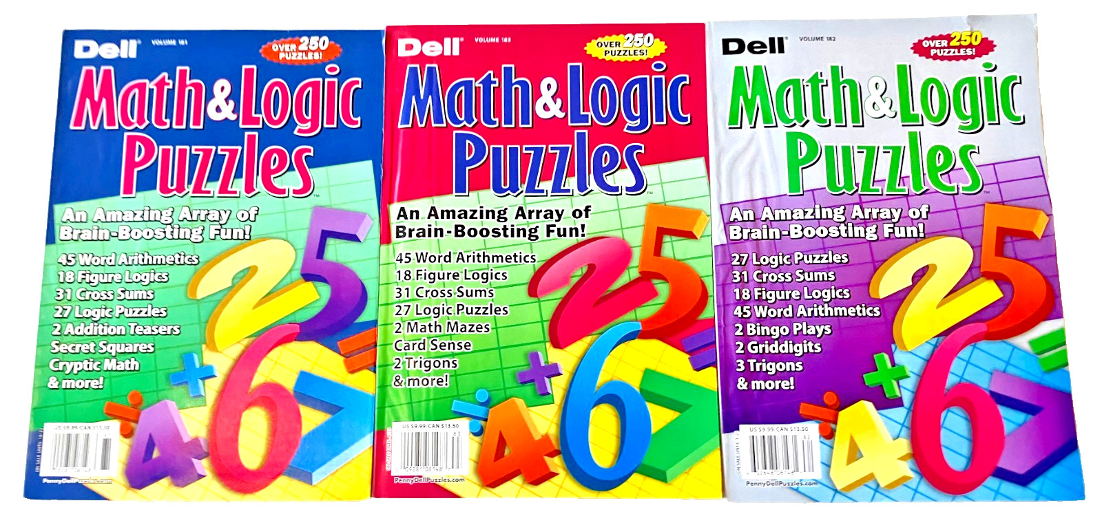 NEW Lot 3 Penny Press Dell Math & Logic Problems Puzzle Books Volumes 181-183
