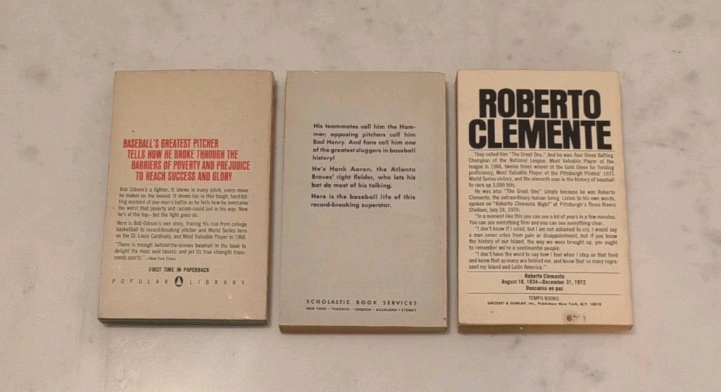 VINTAGE MLB BASEBALL PAPERBACK BIOGRAPHY LOT (3) CLEMENTE AARON GIBSON