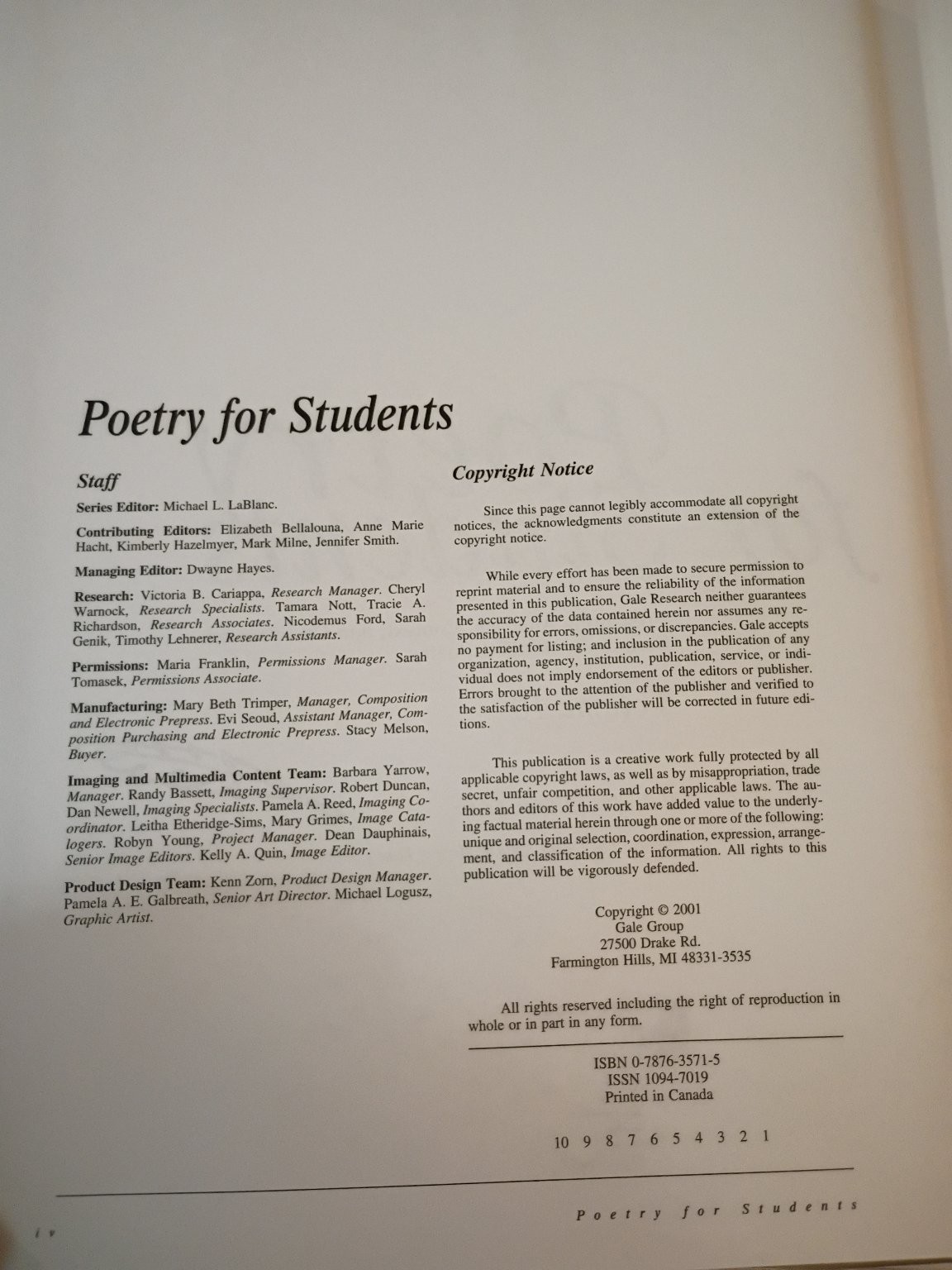 Poetry for Students Volume 10 Michael L. LeBlanc 2001 Literary Criticism Gale