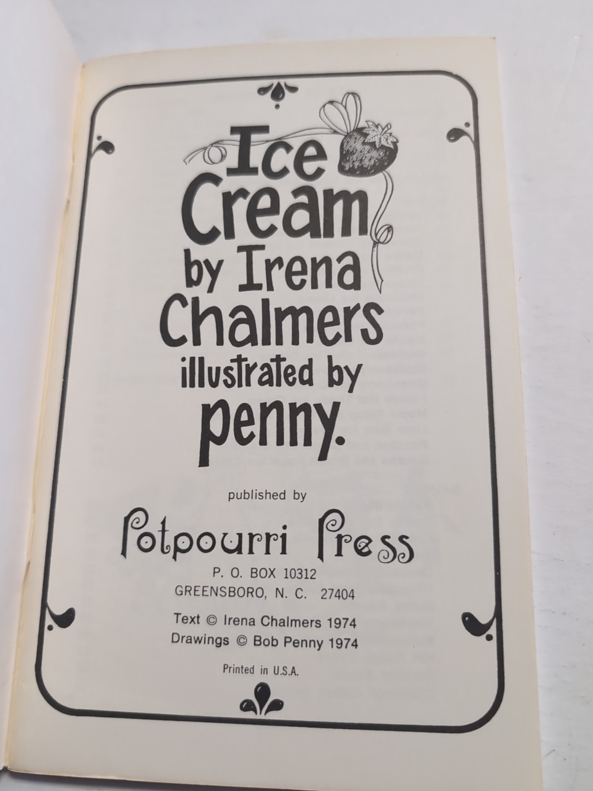 Ice Cream Irena Chalmers 1974 Potpourri Press HTF Vintage Cookbook
