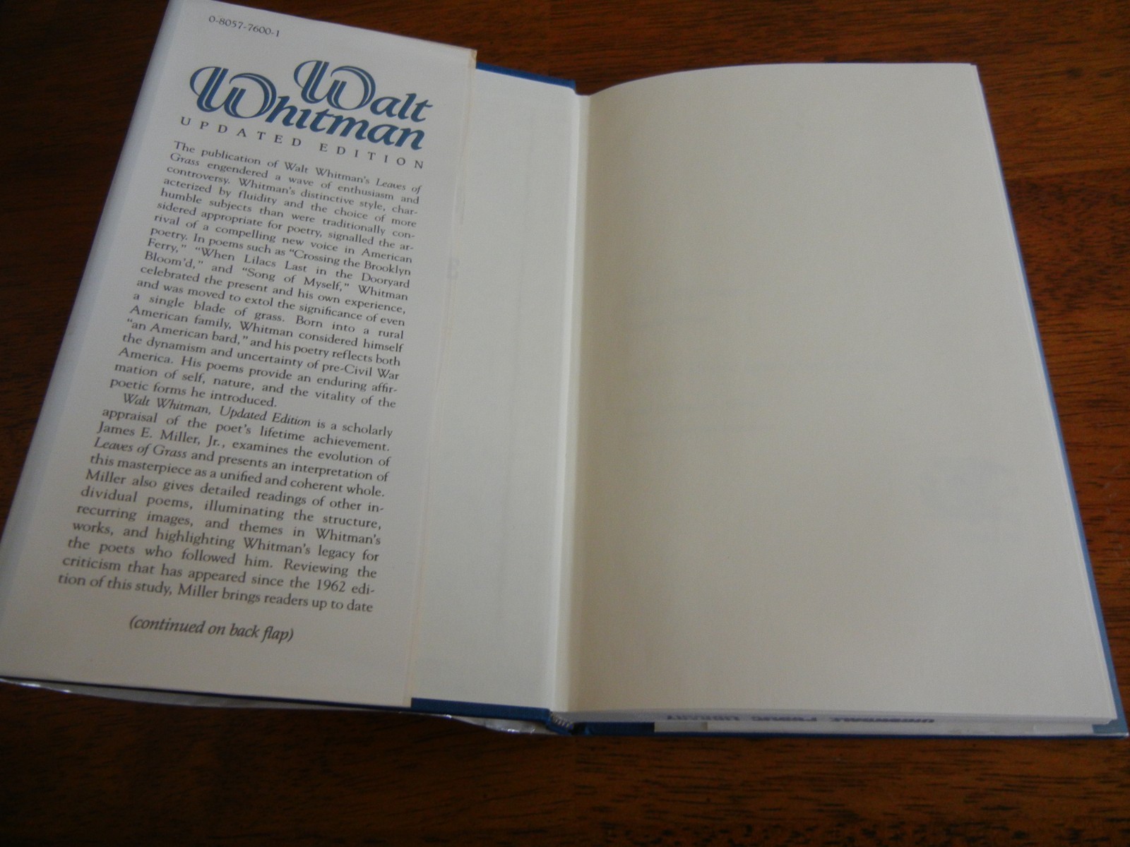 WALT WHITMAN UPDATED EDITION – JAMES E. MILLER, JR. HARDCOVER DUSTCOVER 1990