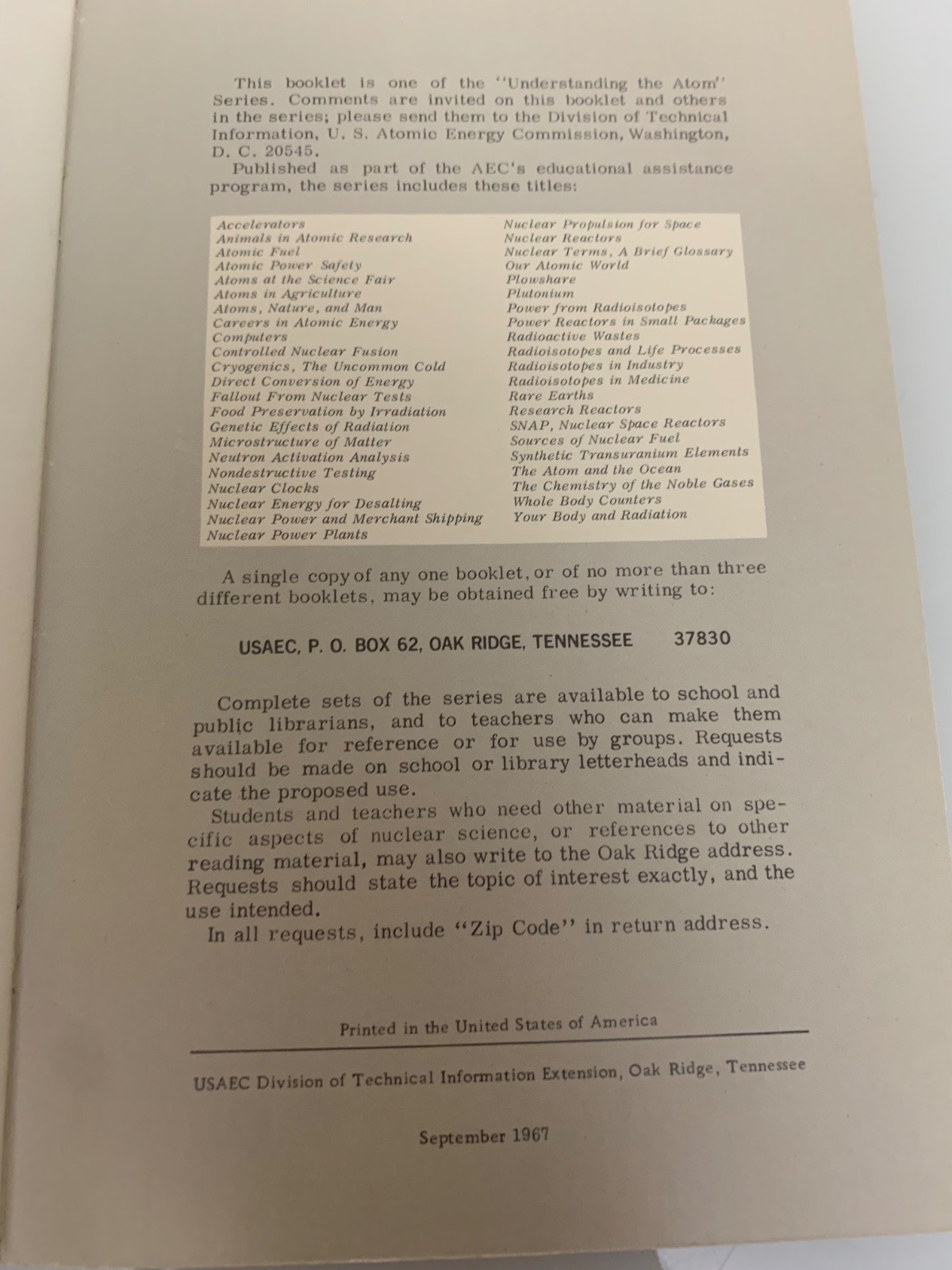 Lot of 10 US Atomic Energy Commission Booklets + Index + Publication List VG