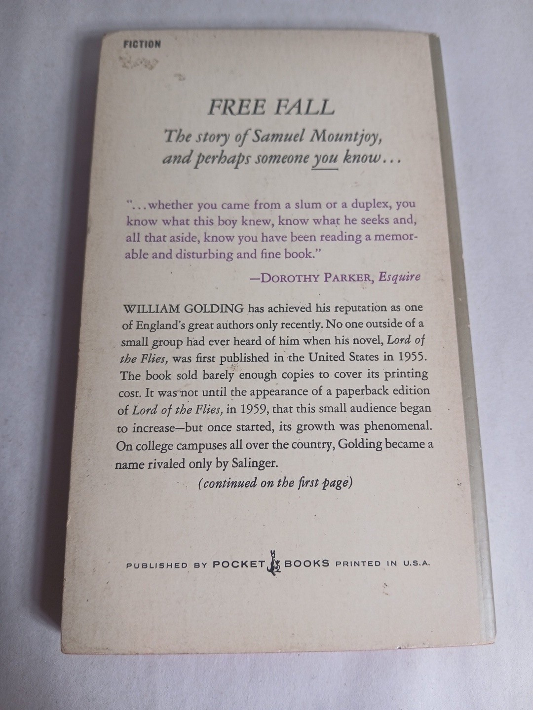 Free Fall By William Golding (pocket Books 1967) 2nd Printing Pb