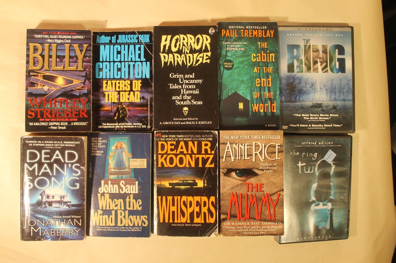 Lot of 10 Horror Novels & DVD’s – Anne Rice, John Saul, Whitley Strieber, Koontz