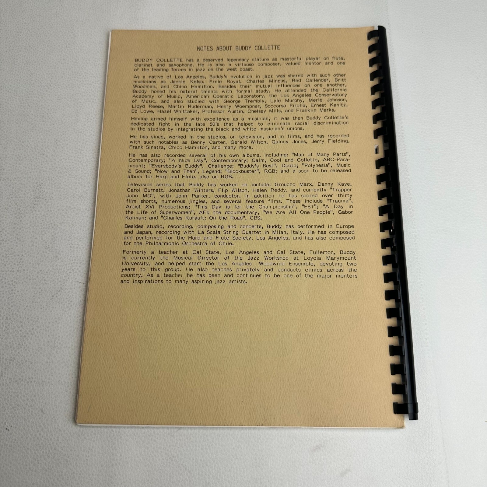 The Buddy Collette Songbook 1985 Signed Tablature Instrumental Ring/Wire Bound