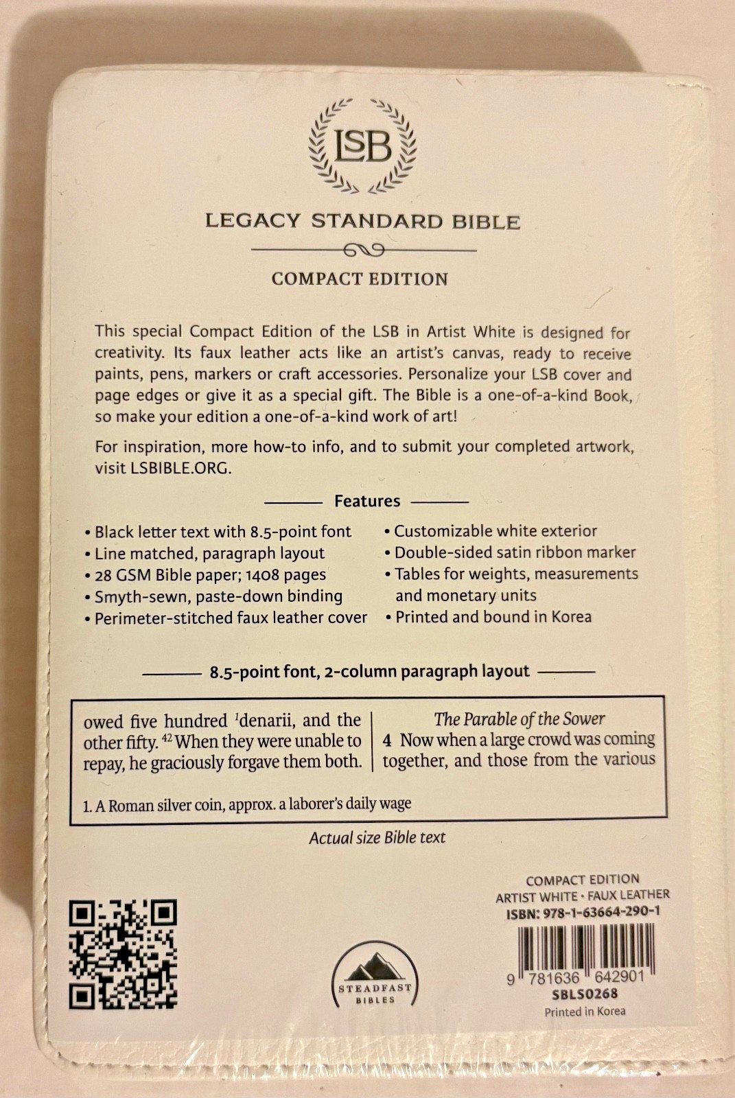 Legacy Standard Bible, LSB Compact Edition Steadfast Bibles white faux leather