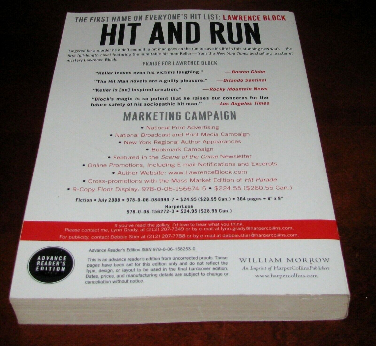 Hit and Run Lawrence Block ARC Advance Reader Copy Thriller William Morrow