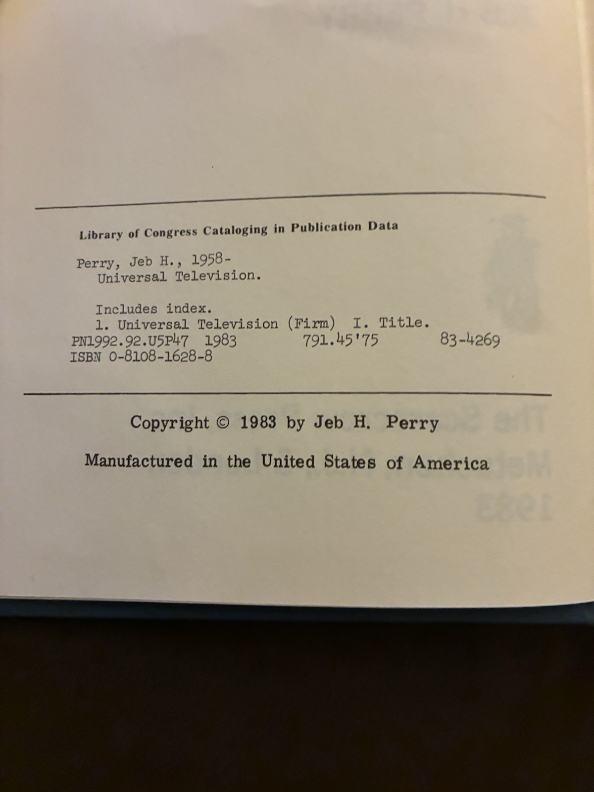 Universal Television: The Studio and Its Programs 1950-1980 by Jeb H. Perry Used