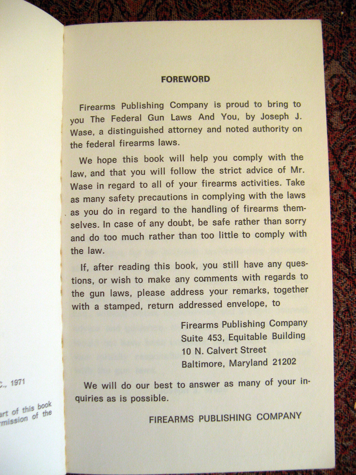 Federal Gun Laws and You, by Joseph J. Wase. Firearms Publishing Co., 1971. Sof