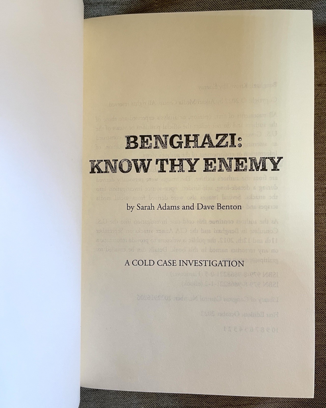 Benghazi: Know Thy Enemy, Sarah Adams, Dave Benton, HB/DJ 2022 1st Edition