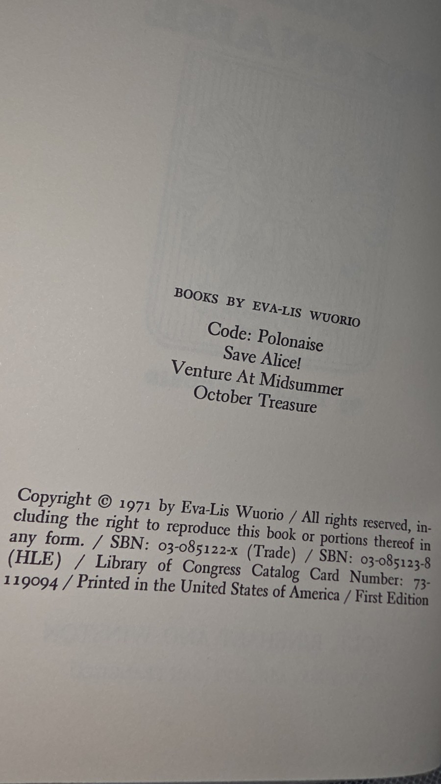 Code : Polonaise Hardcover Eva-Lis Wuorio 1st Edition 1971