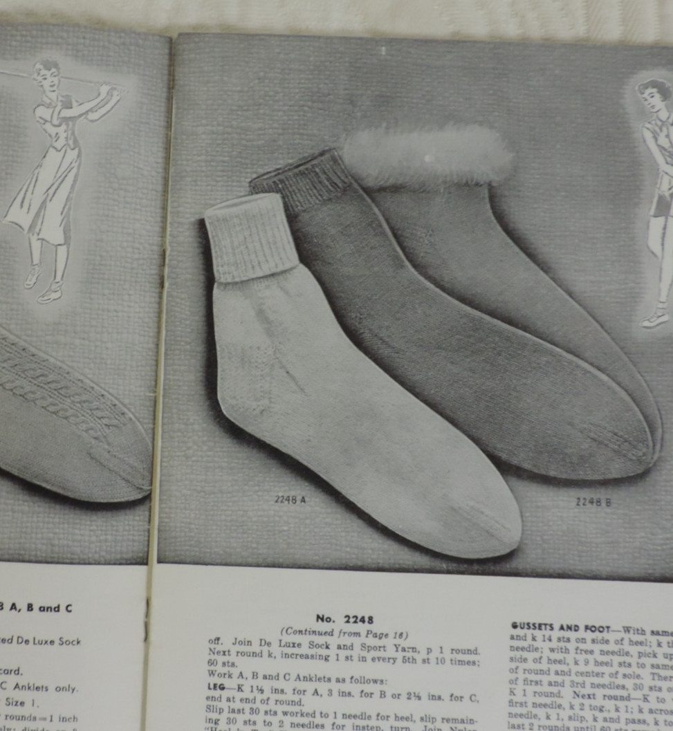 2 Knitting Socks Magazines #20/#340 Women/Men/Child Slippers/Sweater 1950s