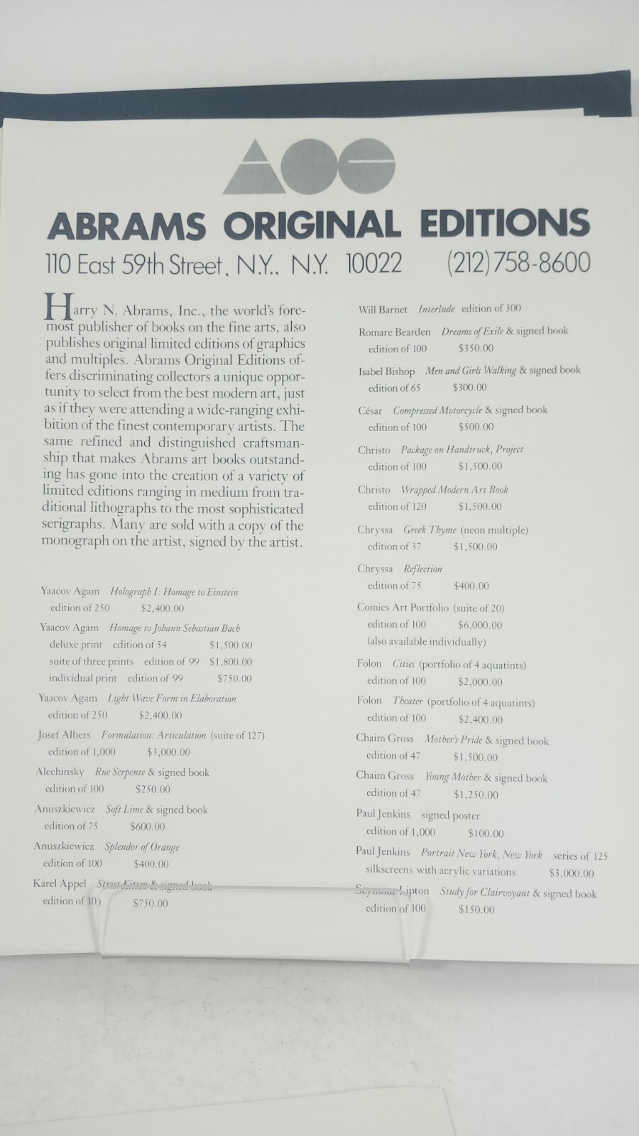 VINTAGE Abrams Original Editions Catalogue Folder