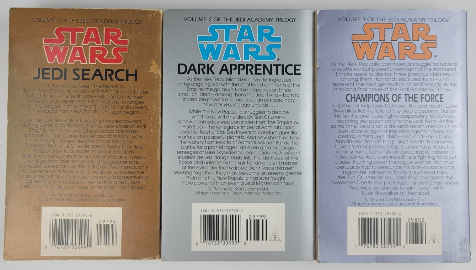 Star Wars Jedi Academy Trilogy Complete Lot 1-3 Kevin J Anderson Vintage 1994