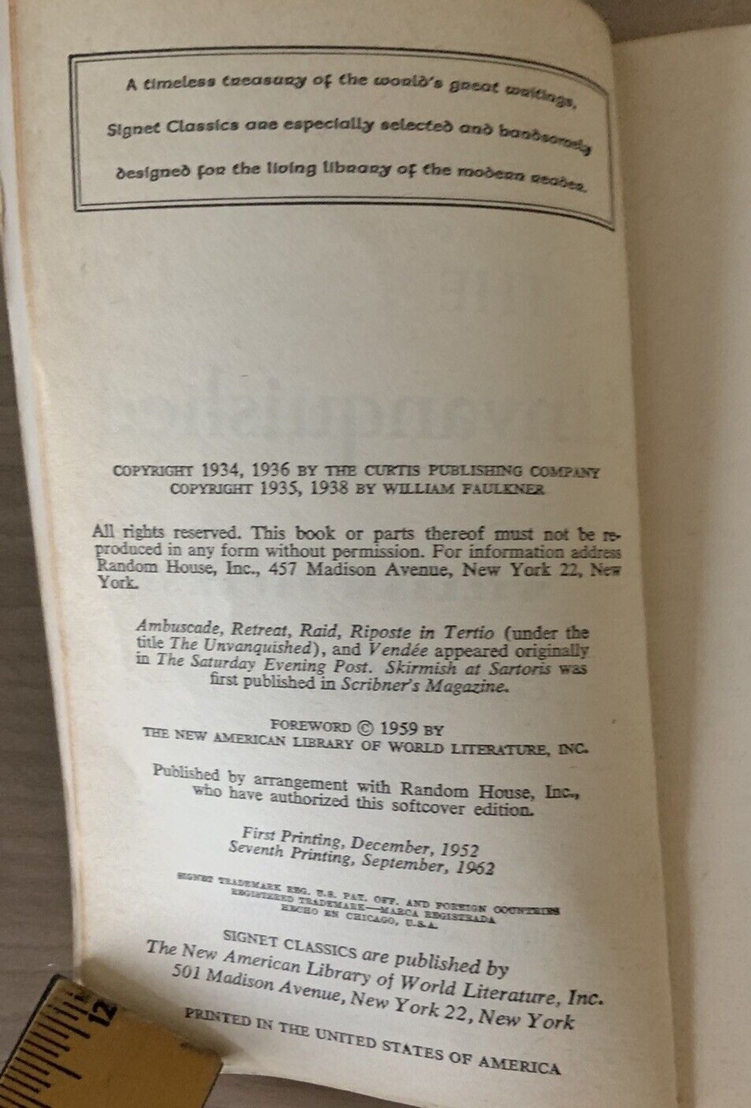 The Unvanquished by William Faulkner 1962 Vintage Paperback Book Signet Classic