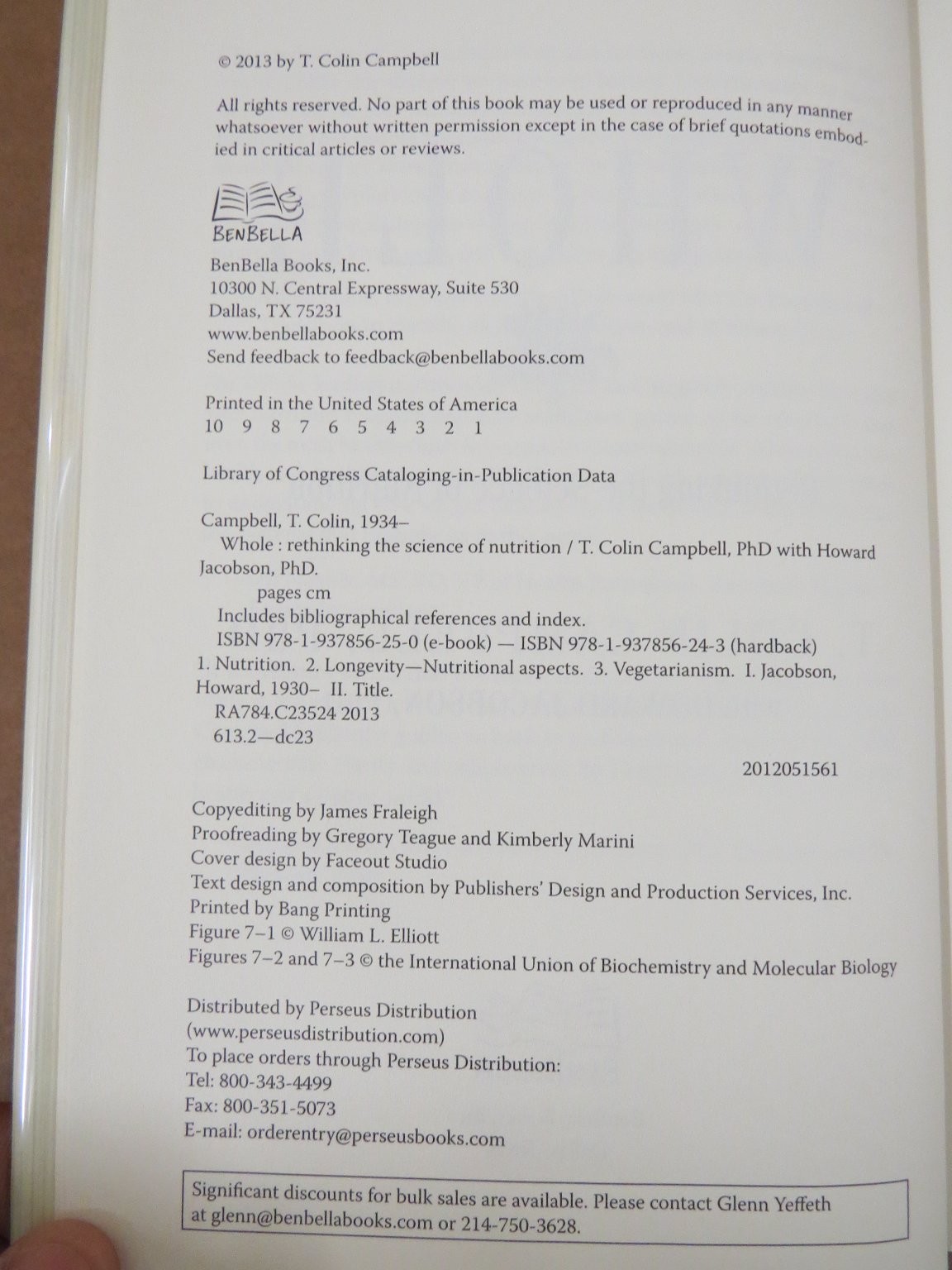 WHOLE Rethinking Science Nutrition T. Colin Campbell 2013 First Ed BenBella