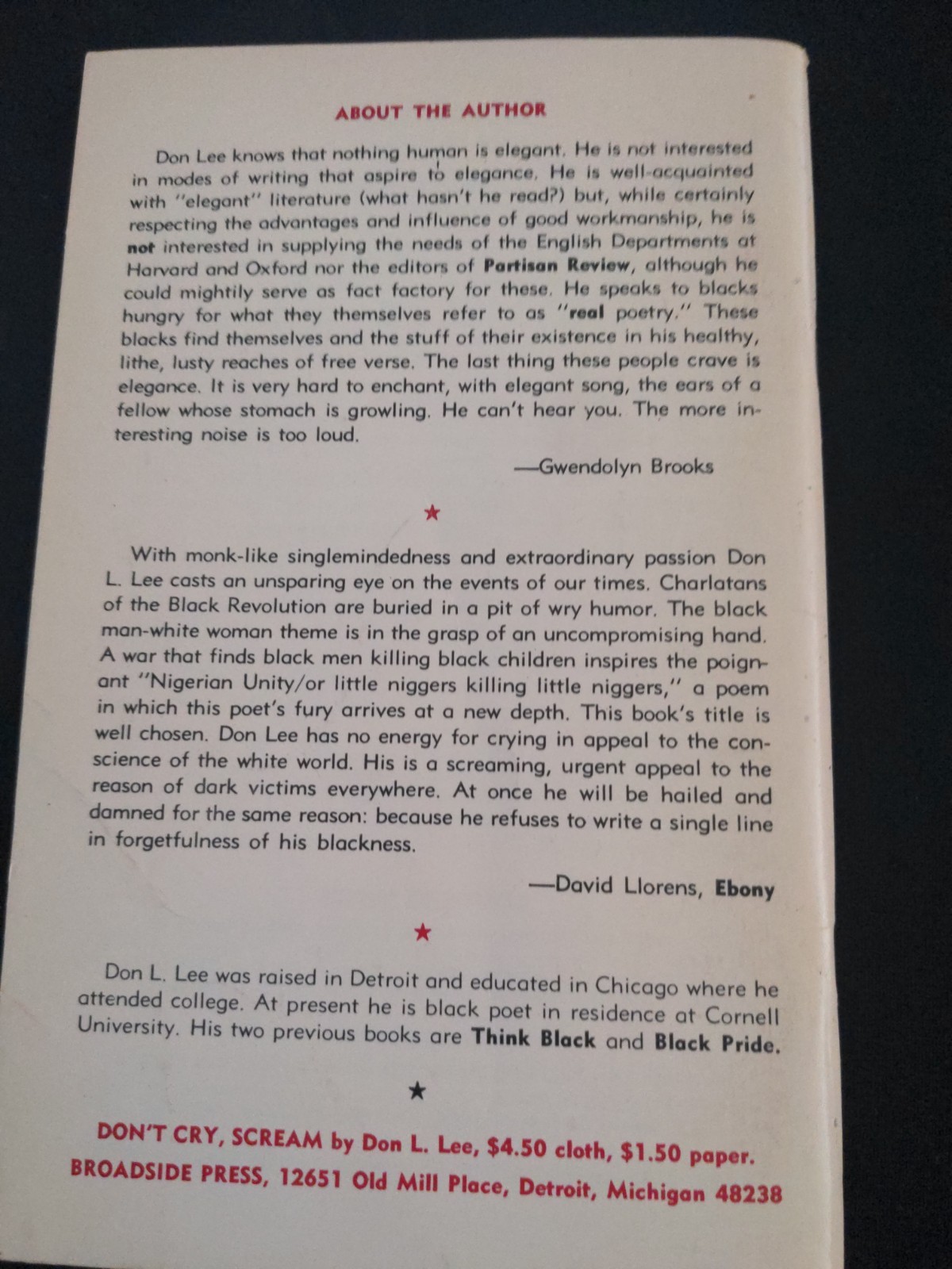 Black Words that Say: Don’t Cry, Scream Don L. Lee – 1st edition 4th printing