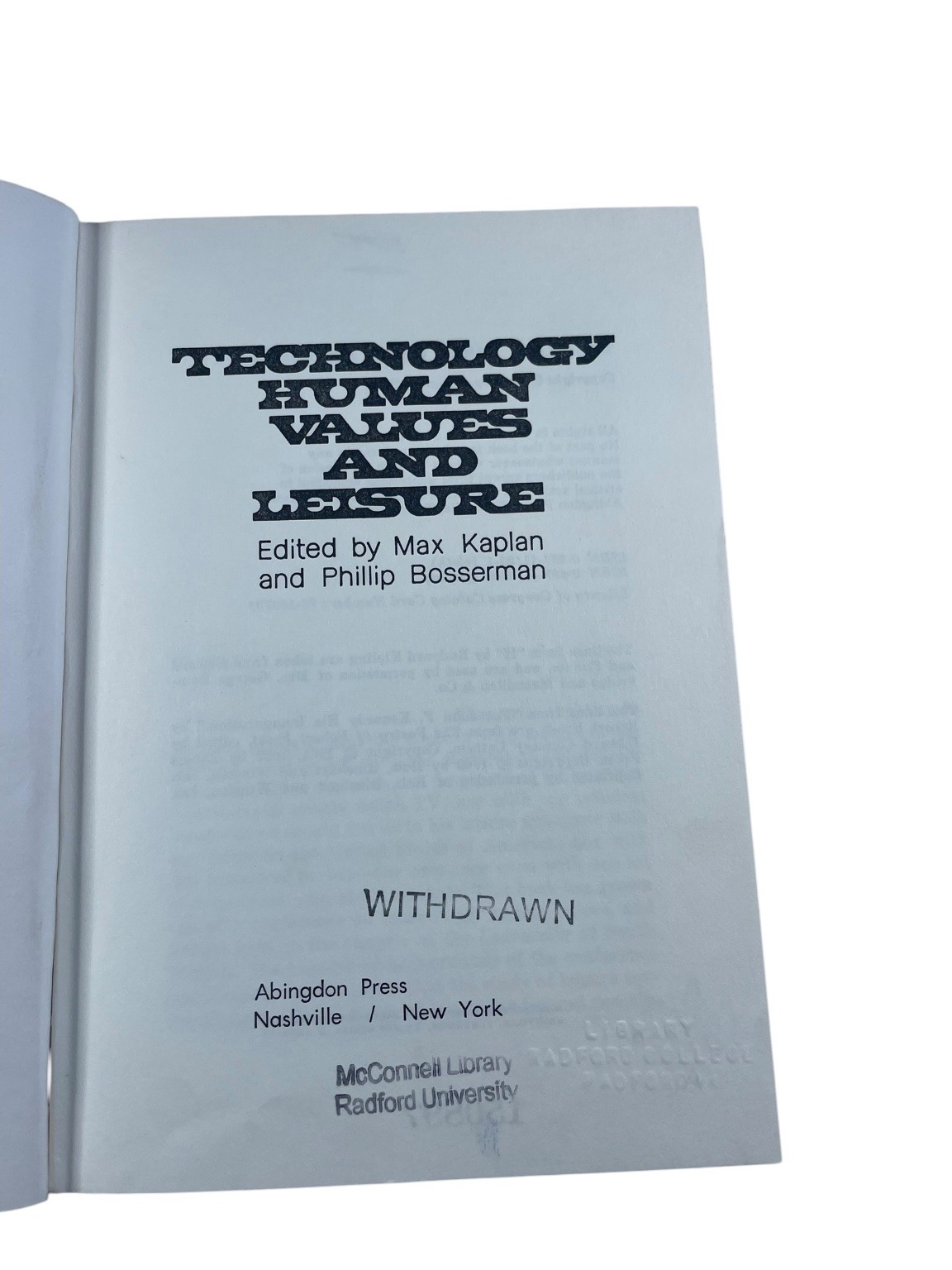 Technology, Human Values, and Leisure Kaplan Bosserman 1971 Abingdon Press